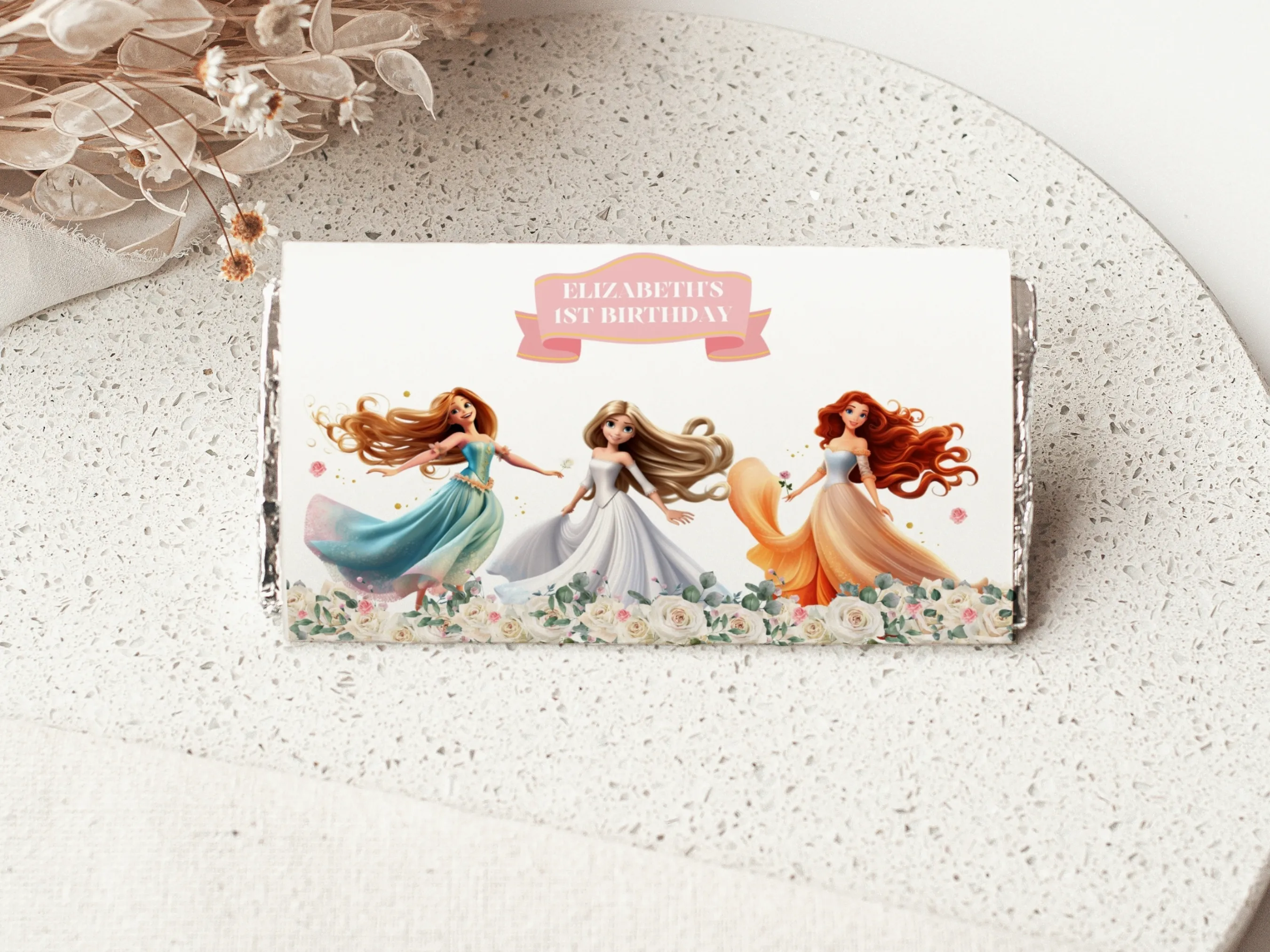 Princess birthday chocolate wrappers with pink and gold royal theme, matching candy wrappers and crown candy bar labels, editable Canva template by fllcdesigns