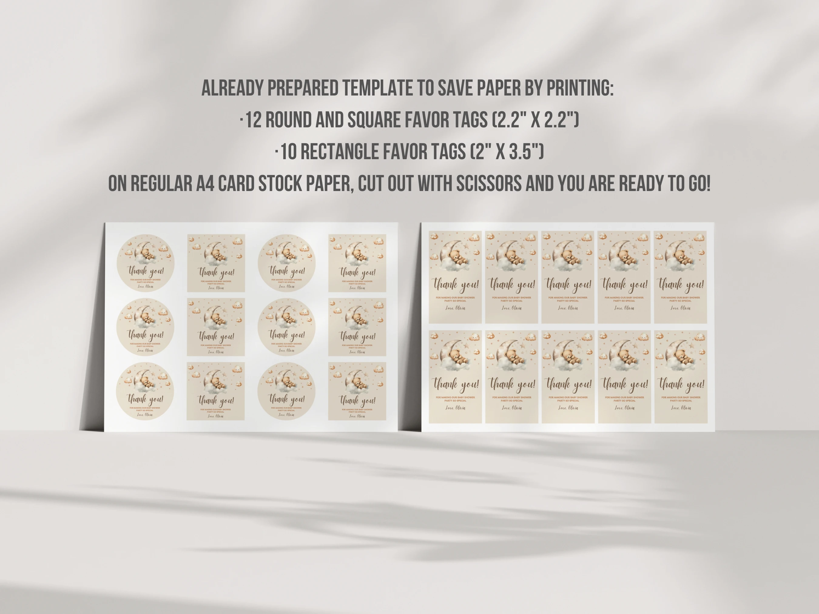 Sleeping Teddy Bear Baby Shower Thank You Tags | Over The Moon Beige Gold Favor Tags | Editable Canva Template | Digital Download