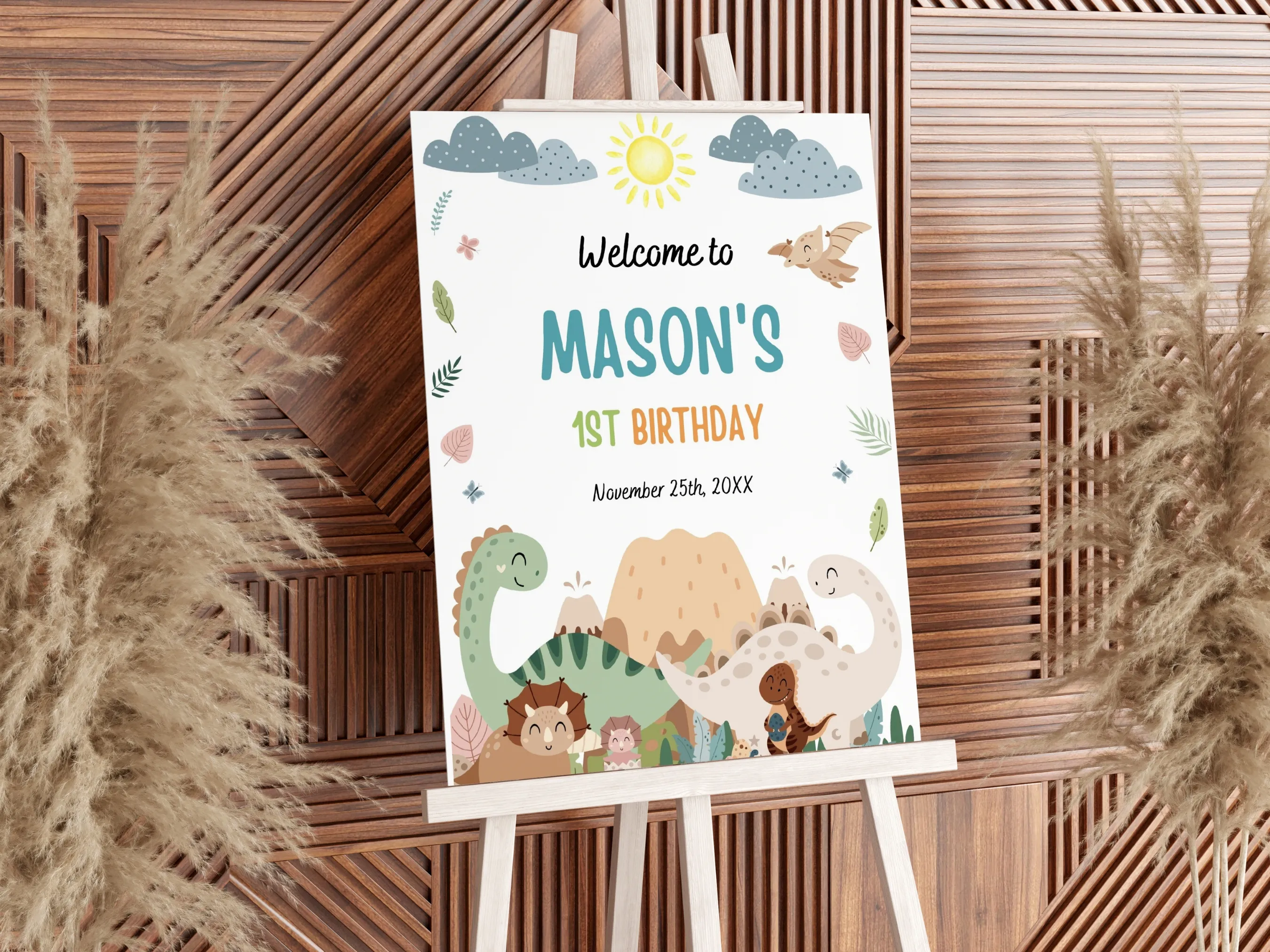 Baby dinosaur 1st birthday welcome sign with Jurassic boy dino party theme, printable entrance board, editable Canva template, digital download.