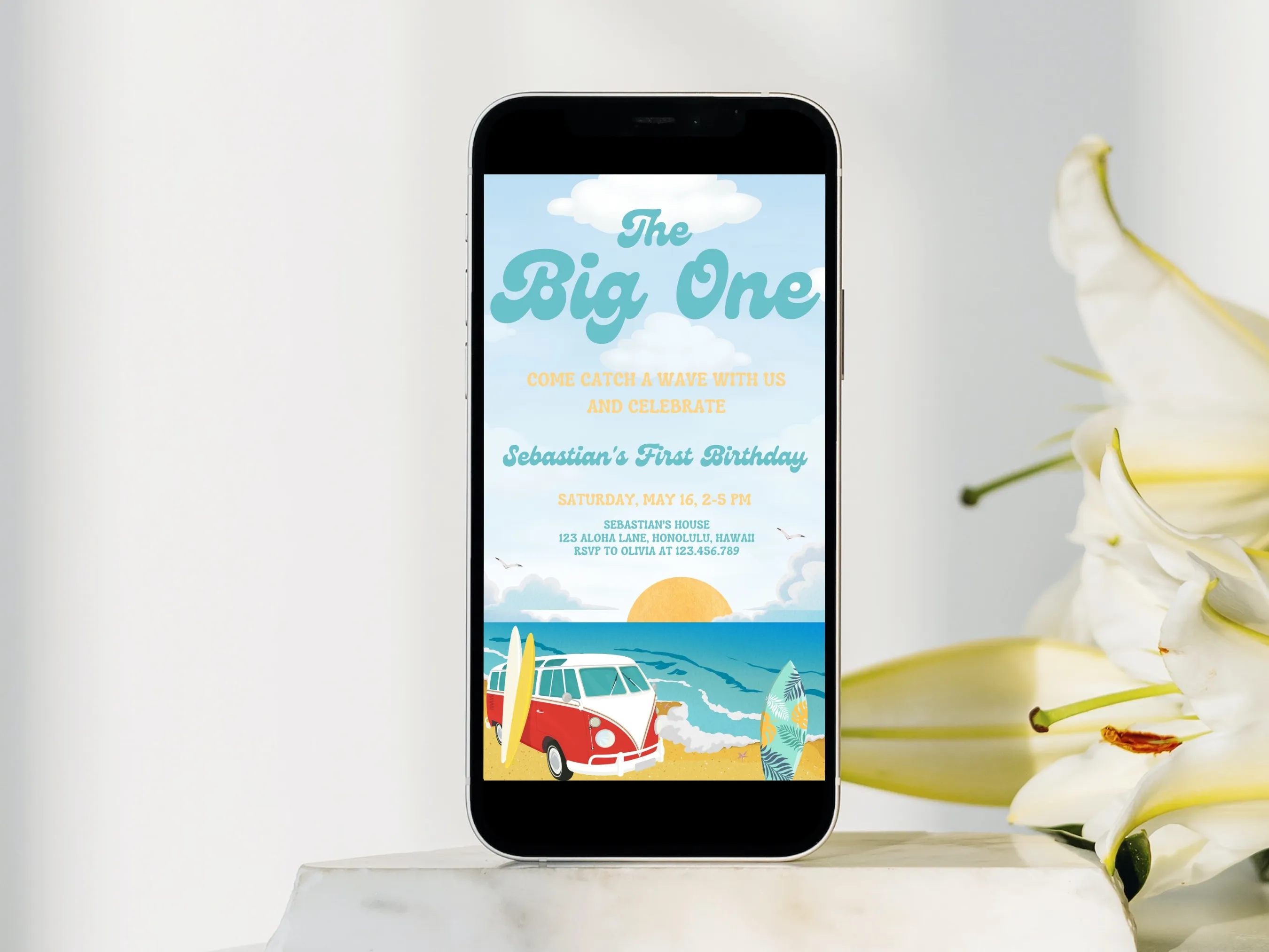 The Big One birthday mobile invitation with surf beach party theme, editable Canva template for kids’ ocean birthday celebration, digital download.