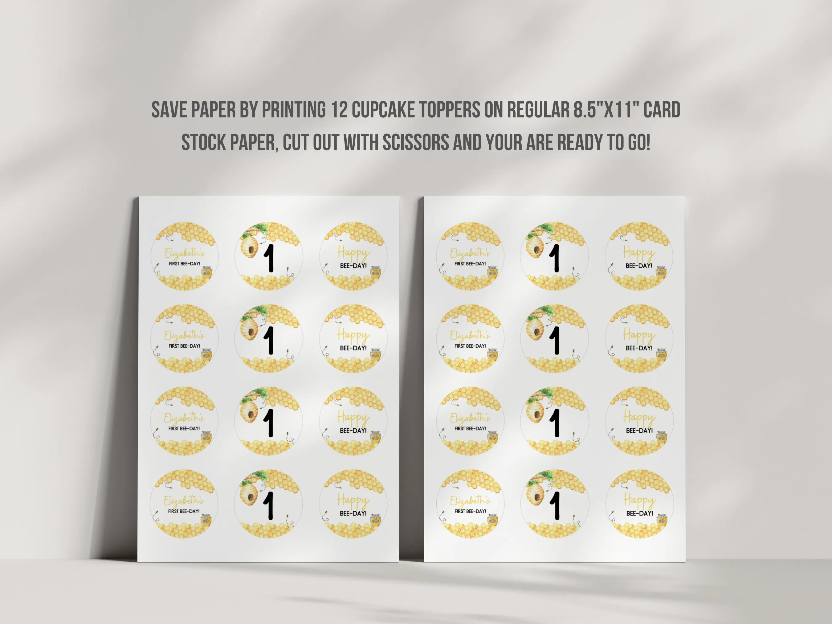 First Bee Day Happy Birthday Cupcake Toppers | Bumble Bee Birthday Cake Topper | Honey Bee “One” Cake Topper | Bee 1st Birthday Toppers | Editable Canva Template | Digital Download