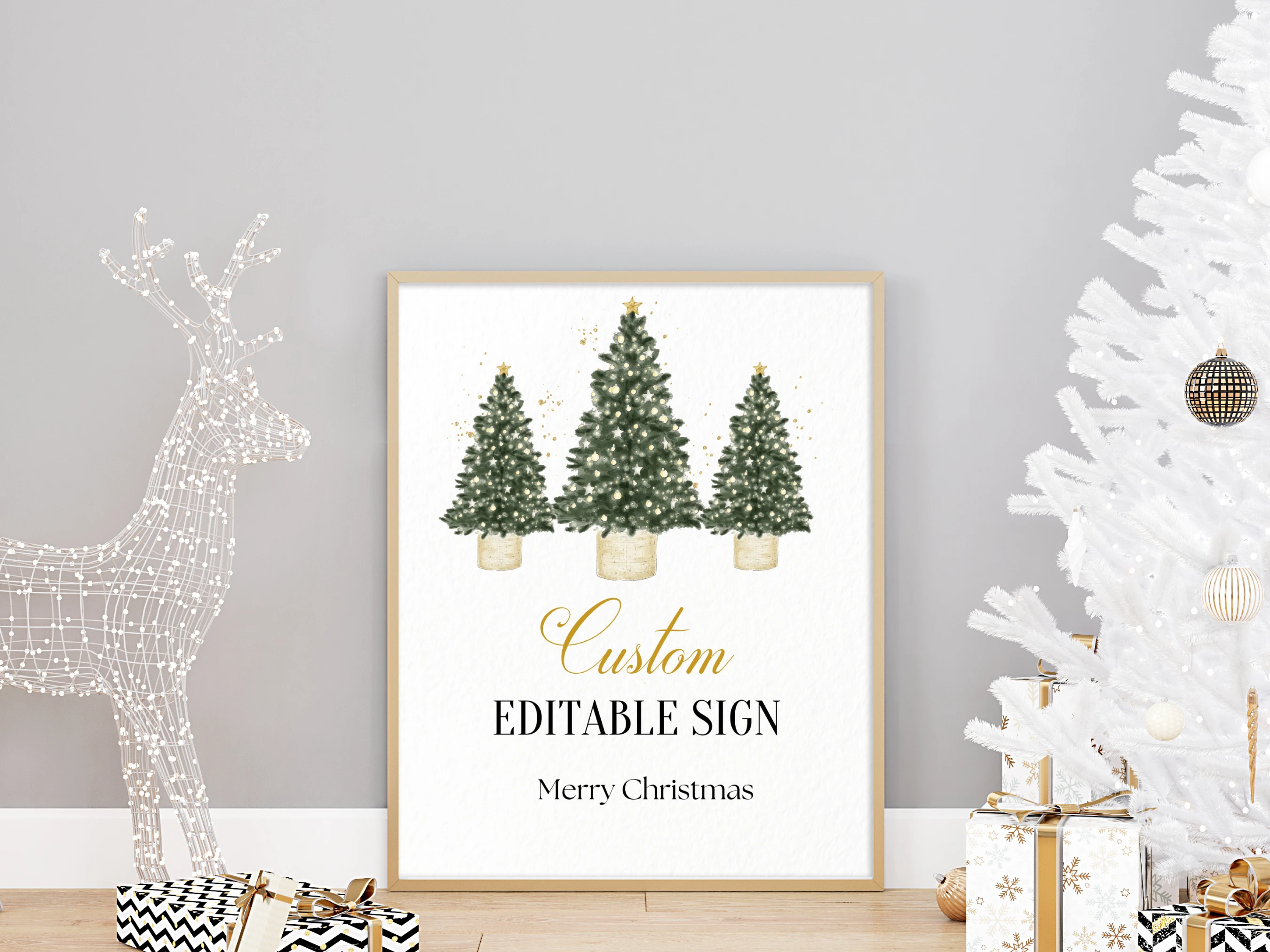 Green and Gold Christmas custom sign with three Christmas trees and golden glitter details, editable 8 × 10 inch Canva table sign for Christmas dinner party decor