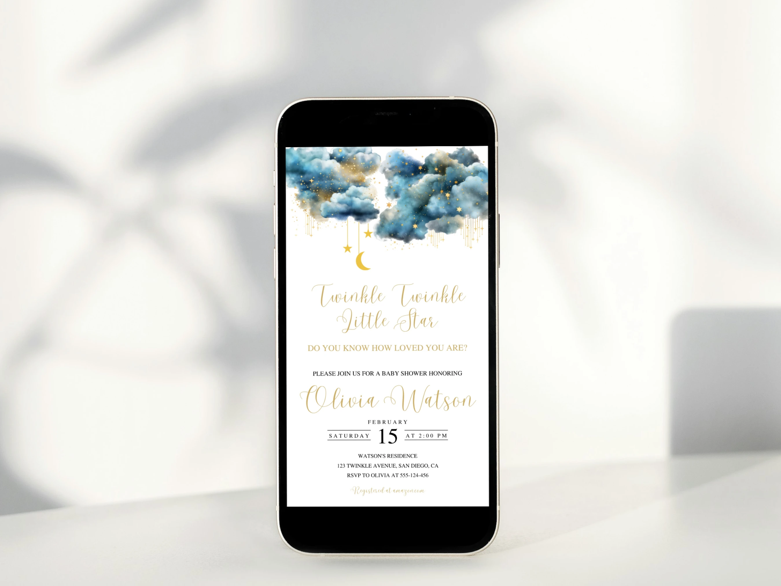 twinkle little star baby shower mobile invitation, over the moon baby shower digital invite, moon and stars baby shower invitation template, printable baby shower invite, editable baby shower invitation Canva