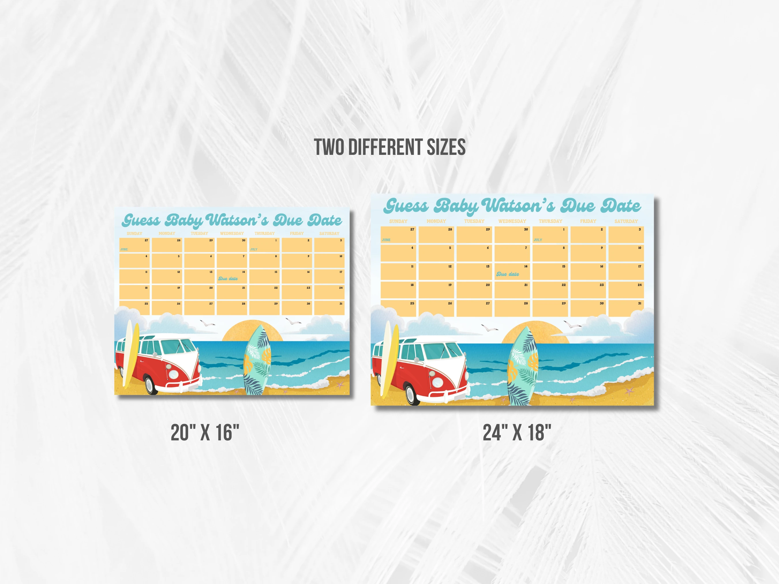 Baby On Board Baby Due Date Calendar | Ocean Surf Animals Prediction Game | Tropical Guess The Birthday | Editable Canva Template | Digital Download
