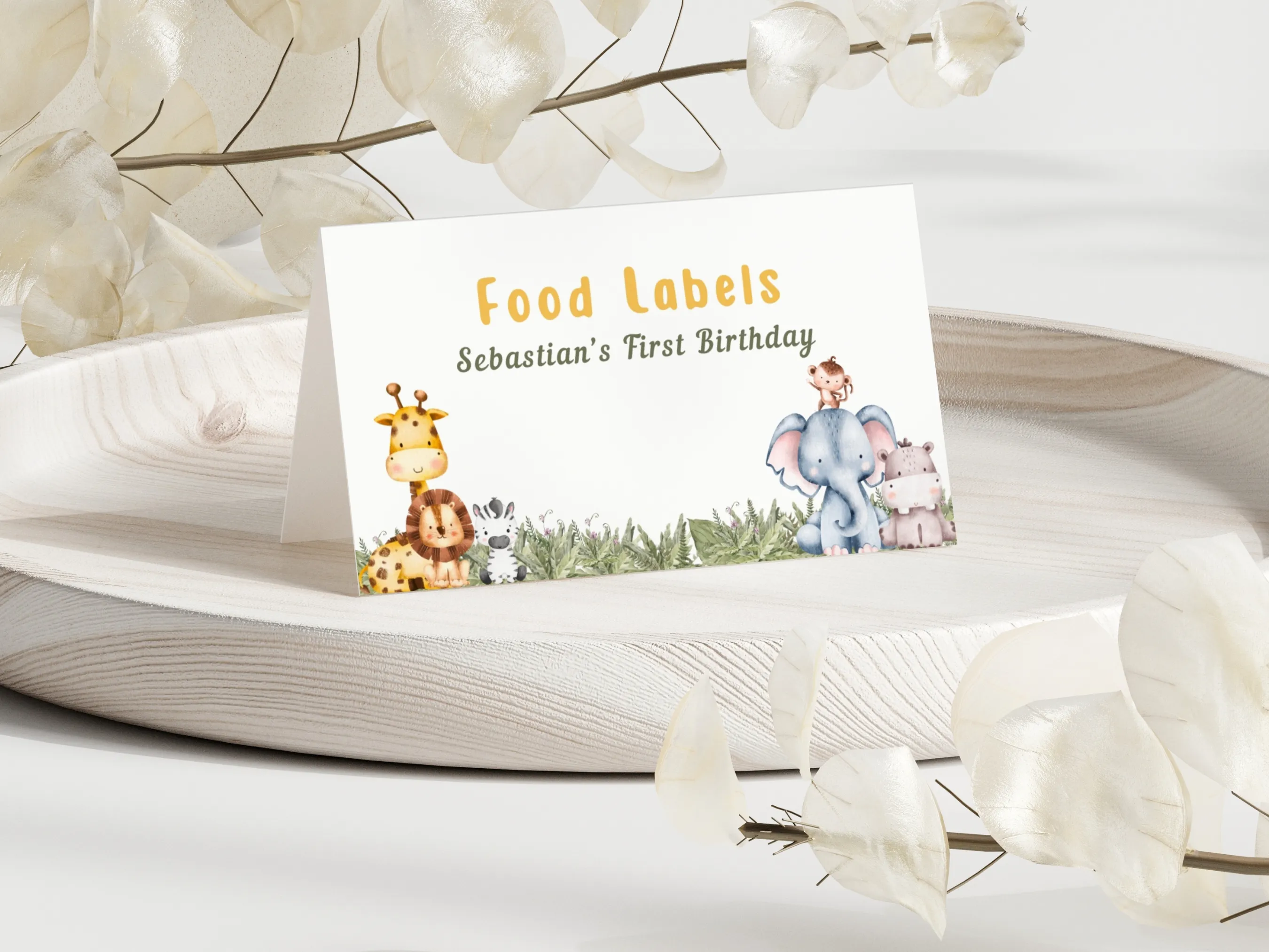 Wild One safari food tent cards with jungle animals design, editable seating place cards and table labels by fllcdesigns