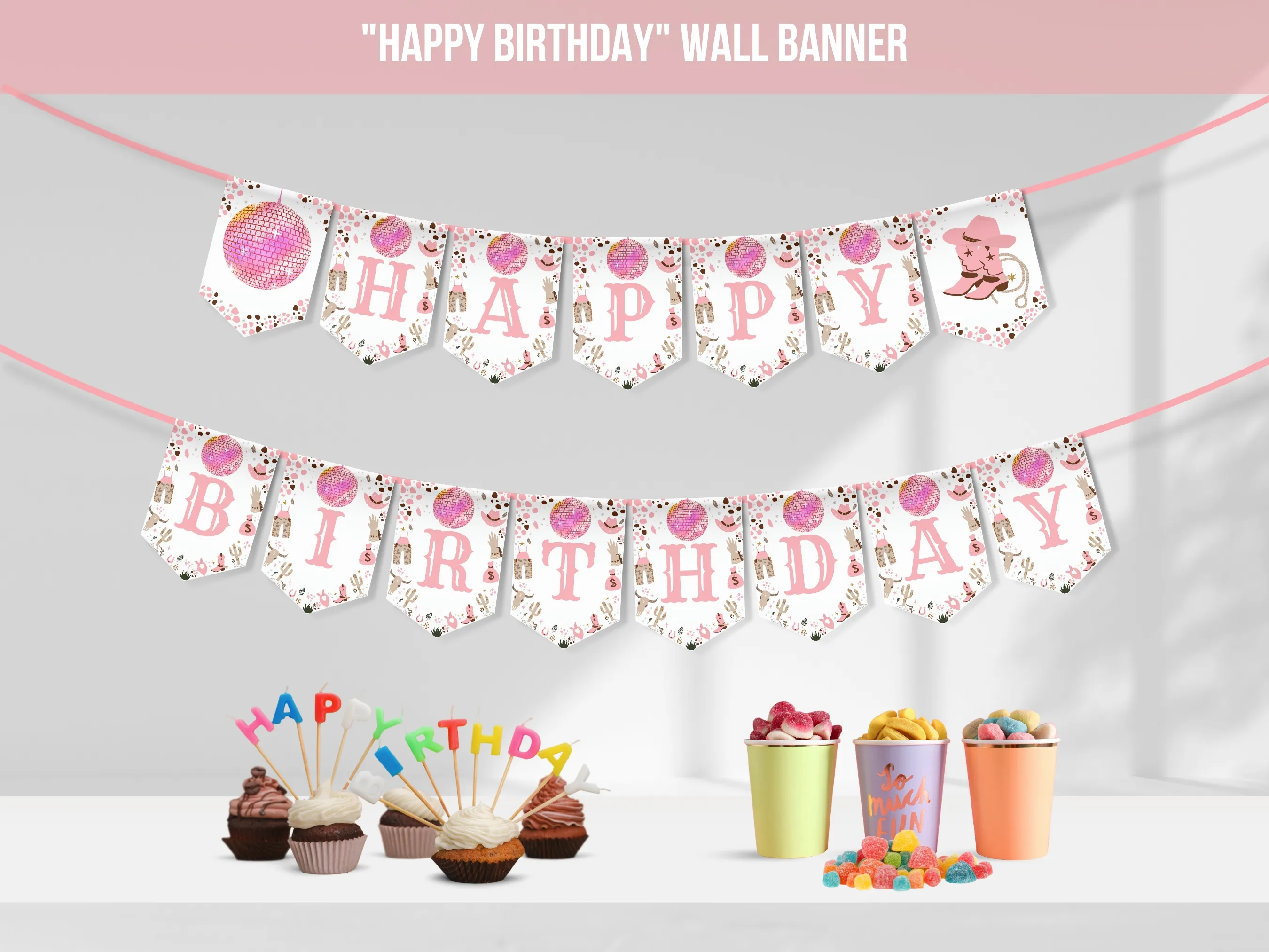 Disco Cowgirl My First Rodeo Happy Birthday banner with western and space cowgirl designs, customizable party bunting, editable Canva template by fllcdesigns