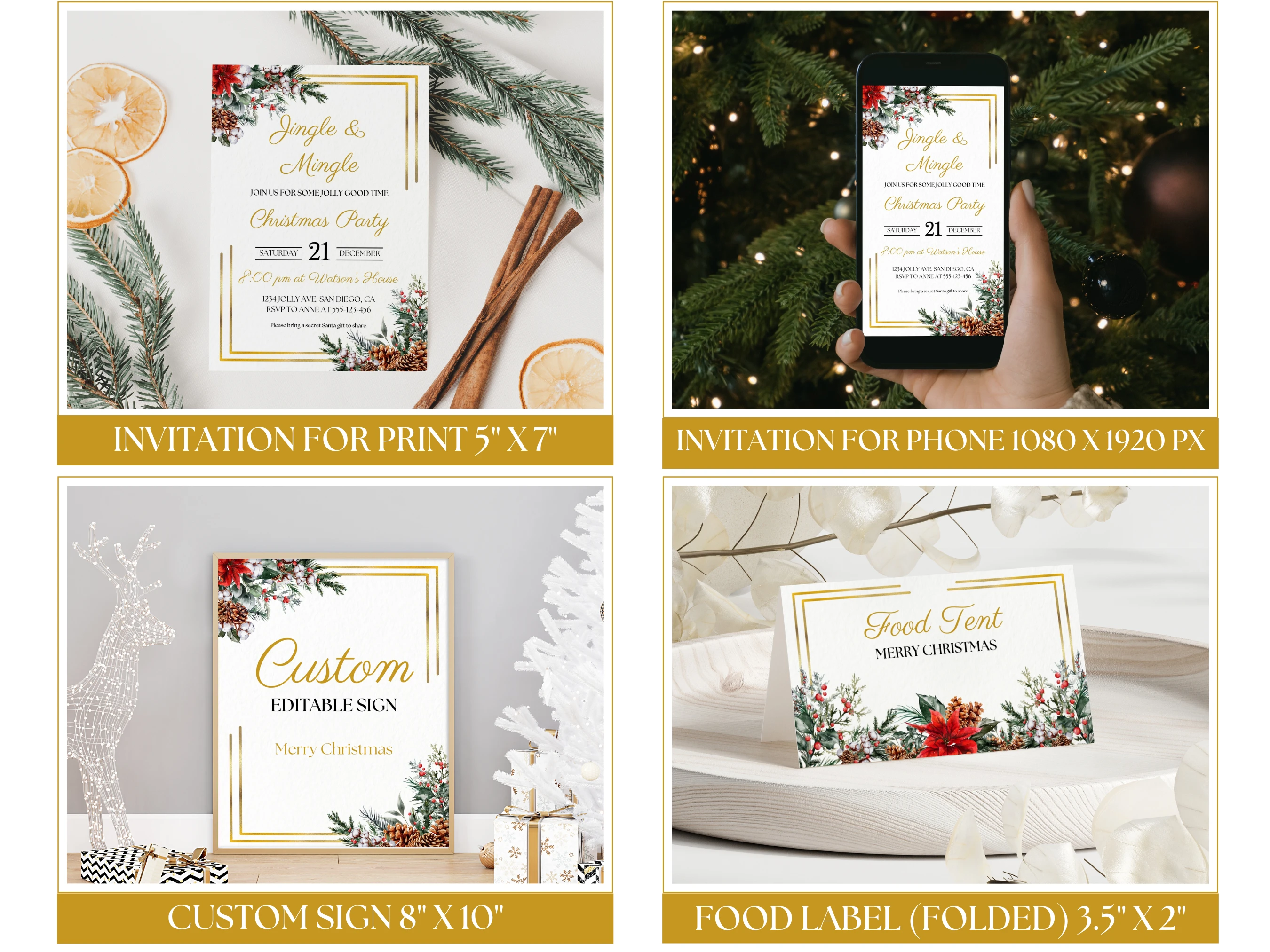 Golden Frame Christmas Dinner Party Bundle | Elegant Greenery Holiday Table Decor | Editable Canva Template | Digital Download