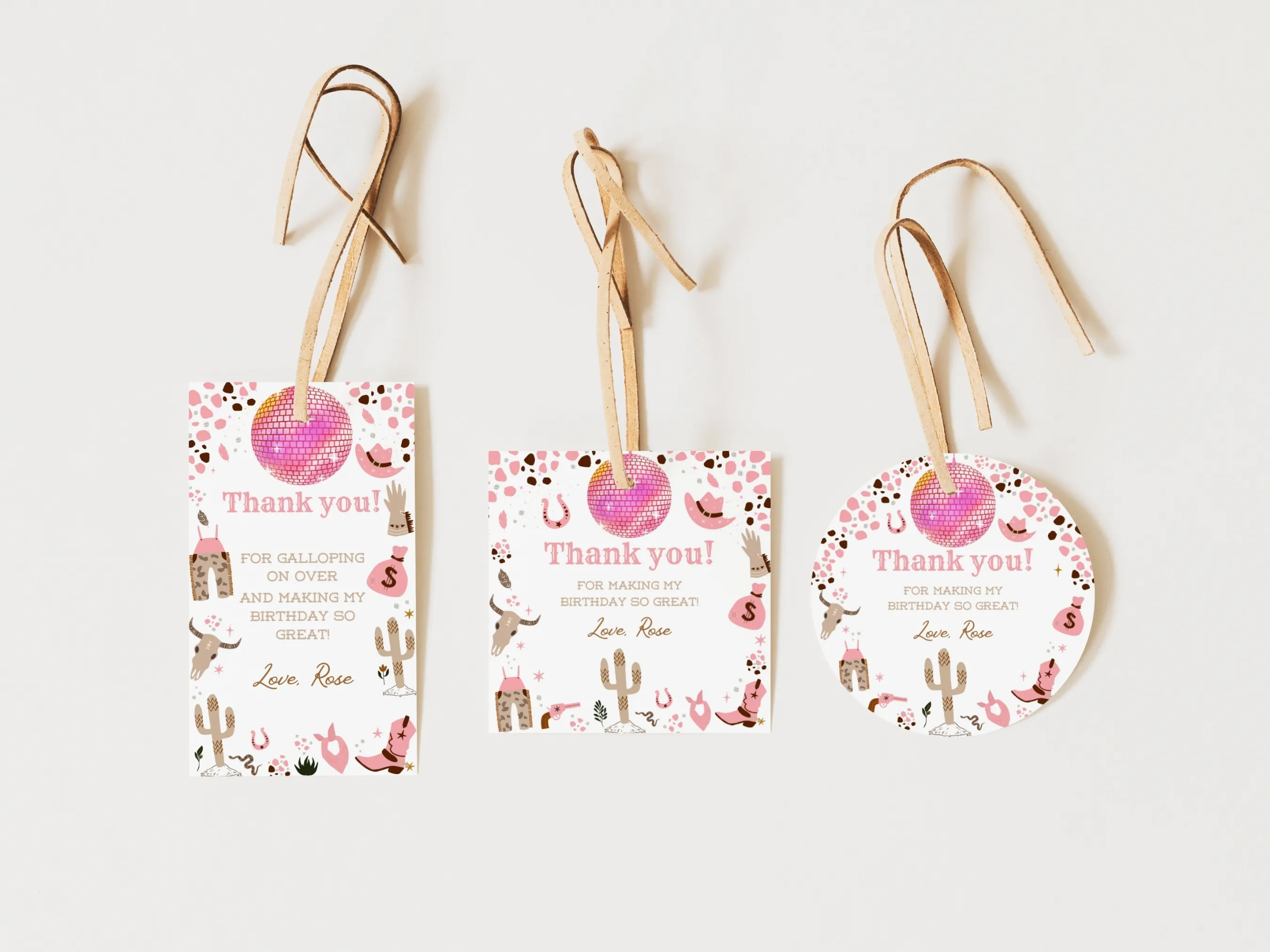 Disco Cowgirl birthday gift tags with pink western and space theme, stars and cowgirl hat design, editable Canva template by fllcdesigns