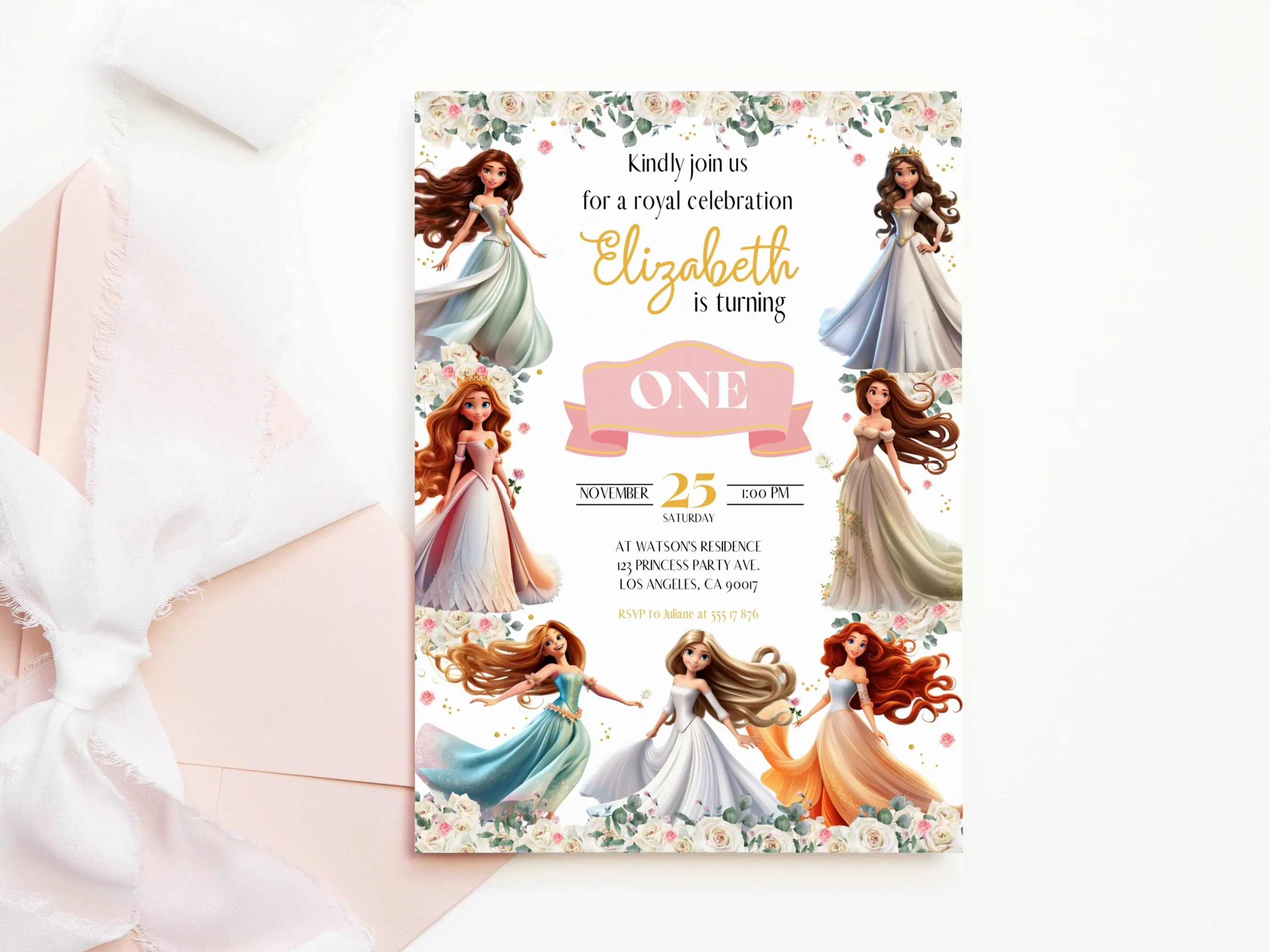 Princess birthday invitation with floral royal theme, editable Canva template for girls’ princess party, digital download.