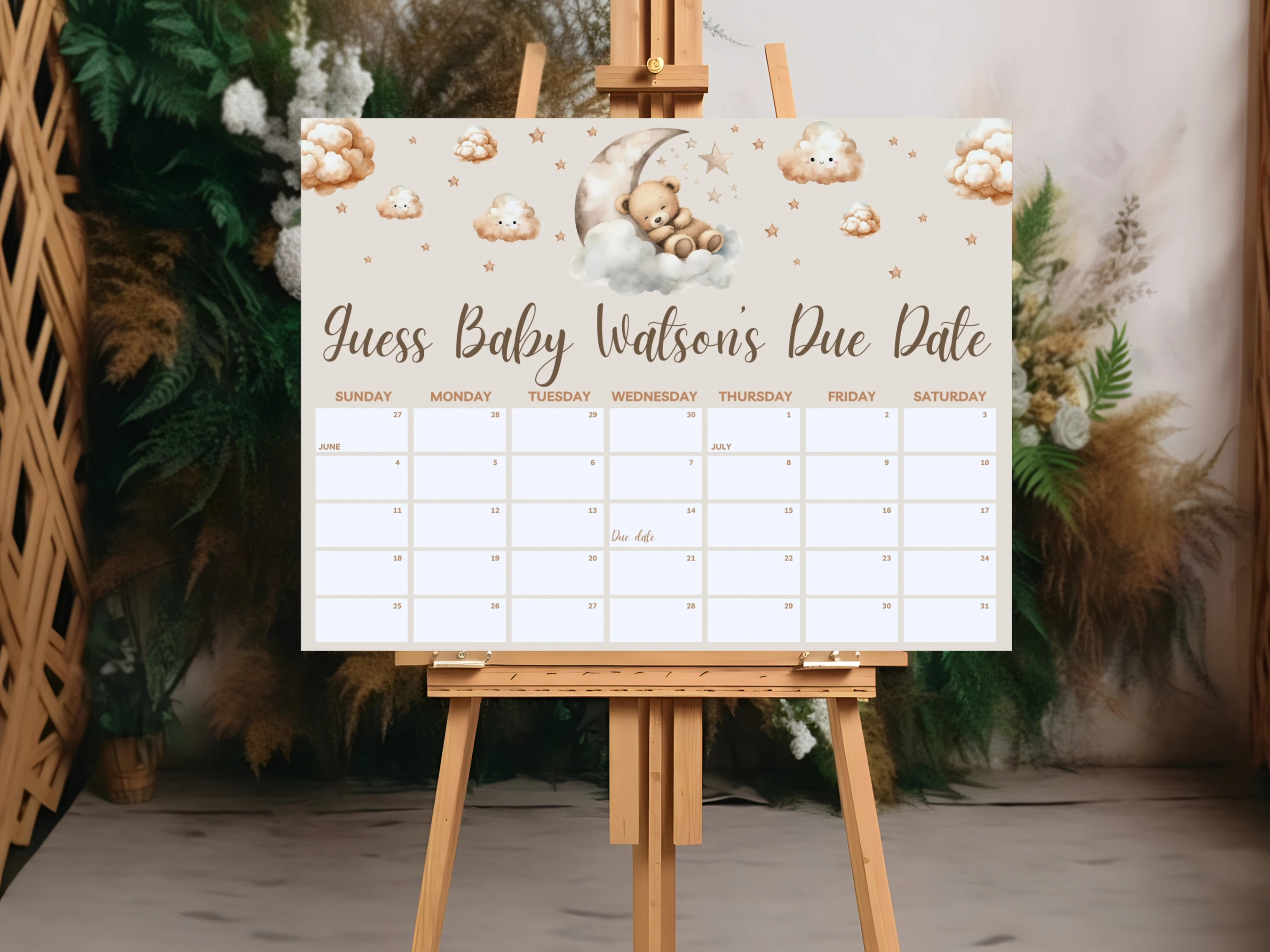 Sleeping Teddy Bear Baby Due Date Calendar | Over The Moon Beige Gold Prediction Game | Guess The Birthday | Editable Canva Template | Digital Download