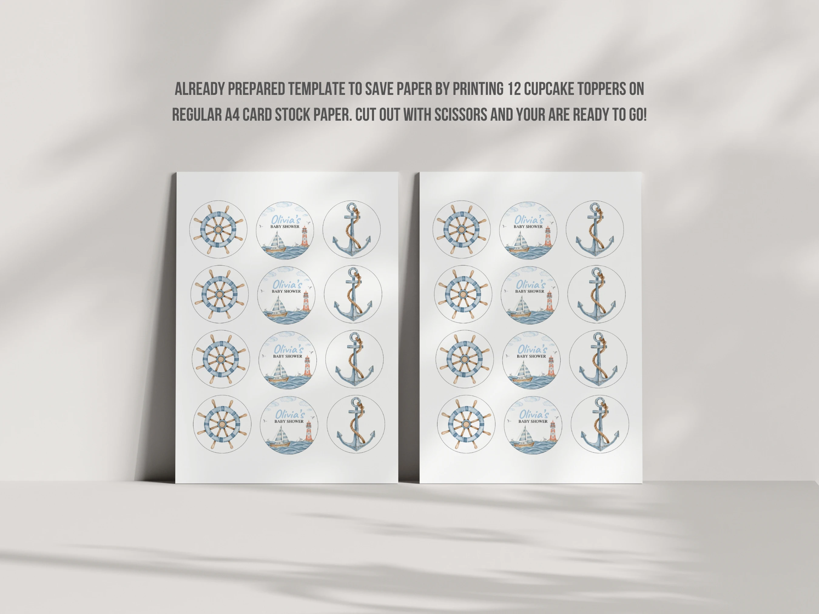 Nautical Baby Shower Cupcake Toppers | Ahoy It's a Boy Sailboat Cake Topper | Editable Canva Template | Digital Download