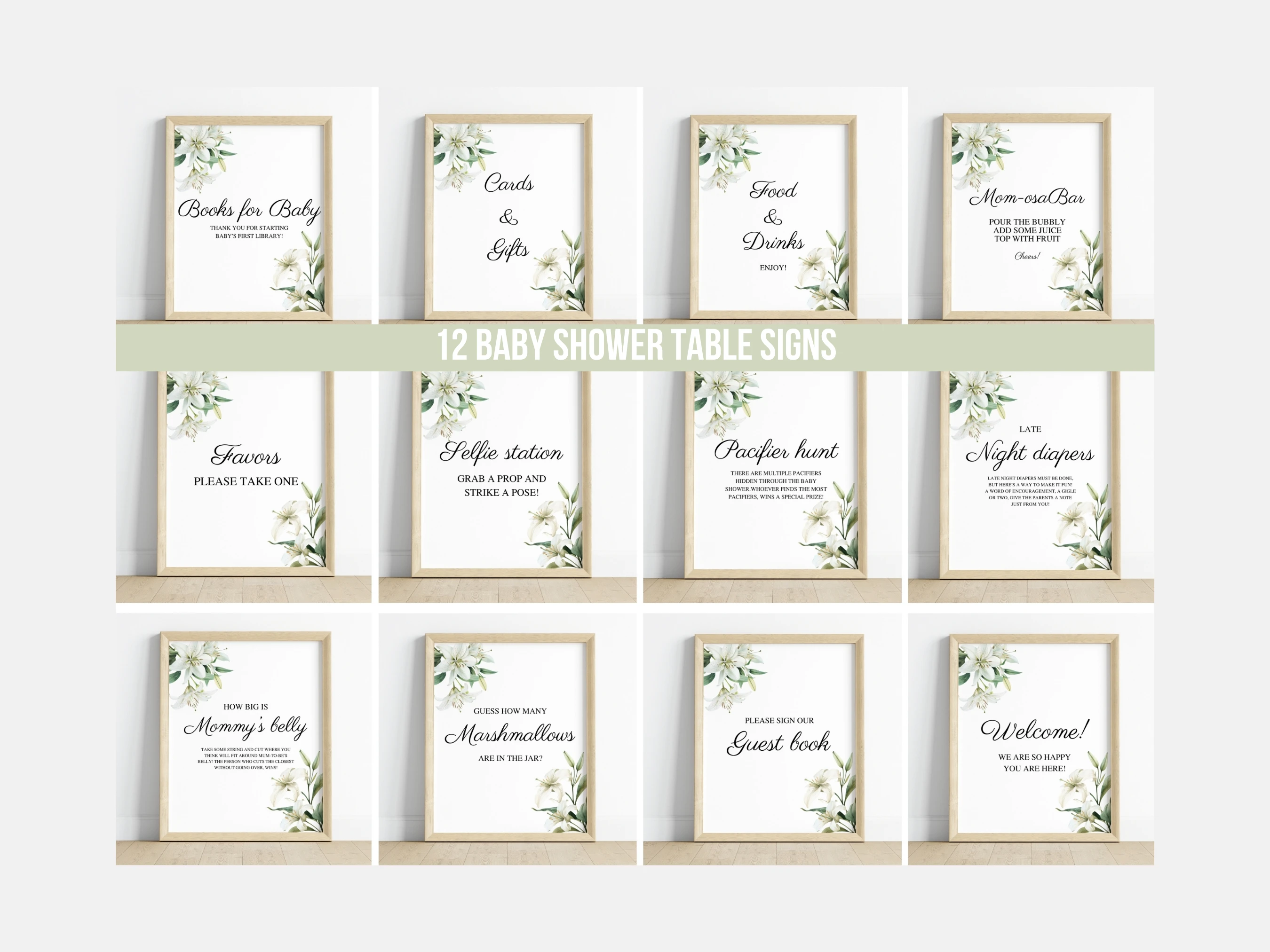 baby in bloom baby shower table sign printable, wildflower baby shower pacifier hunt sign, spring greenery baby shower diaper raffle sign, baby in bloom late night diapers sign, editable baby shower sign Canva