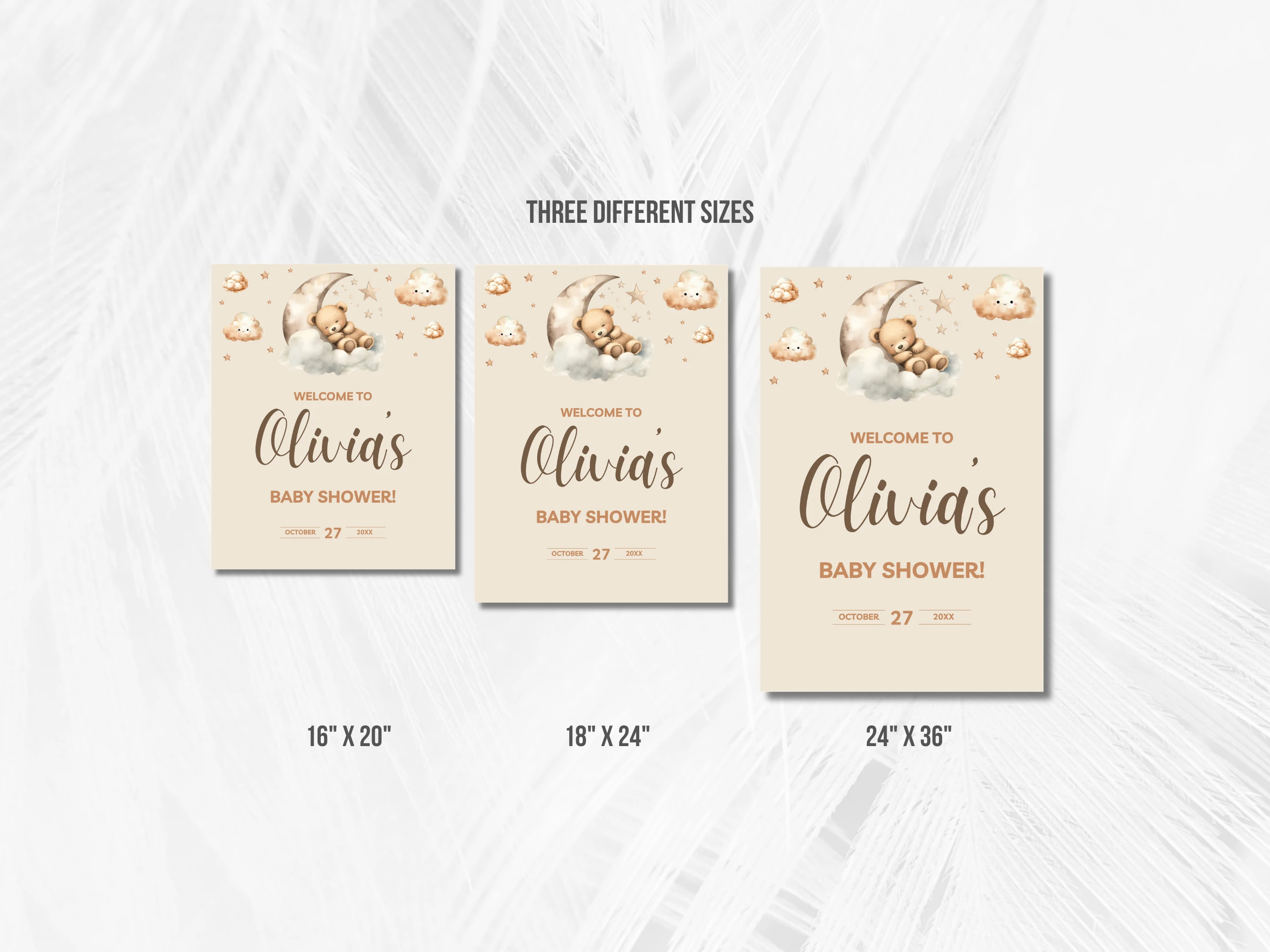 Sleeping Teddy Bear Baby Shower Welcome Sign | Over The Moon Beige Gold Welcome Board | Editable Canva Template | Digital Download