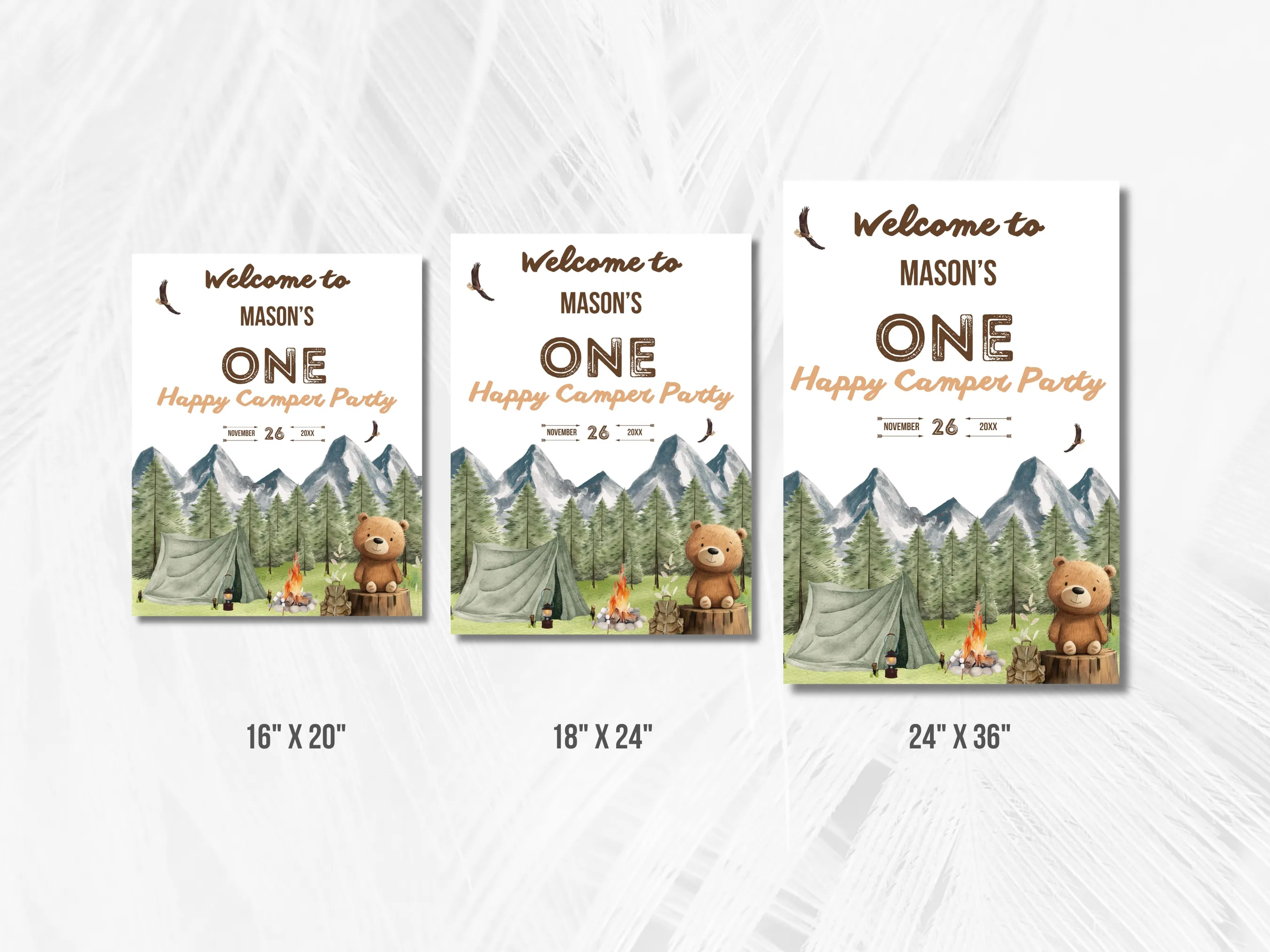 One Happy Camper Birthday Welcome Sign | Woodland Party Welcome Board | Forest Camping 1st Birthday Poster | Editable Canva Template | Digital Download