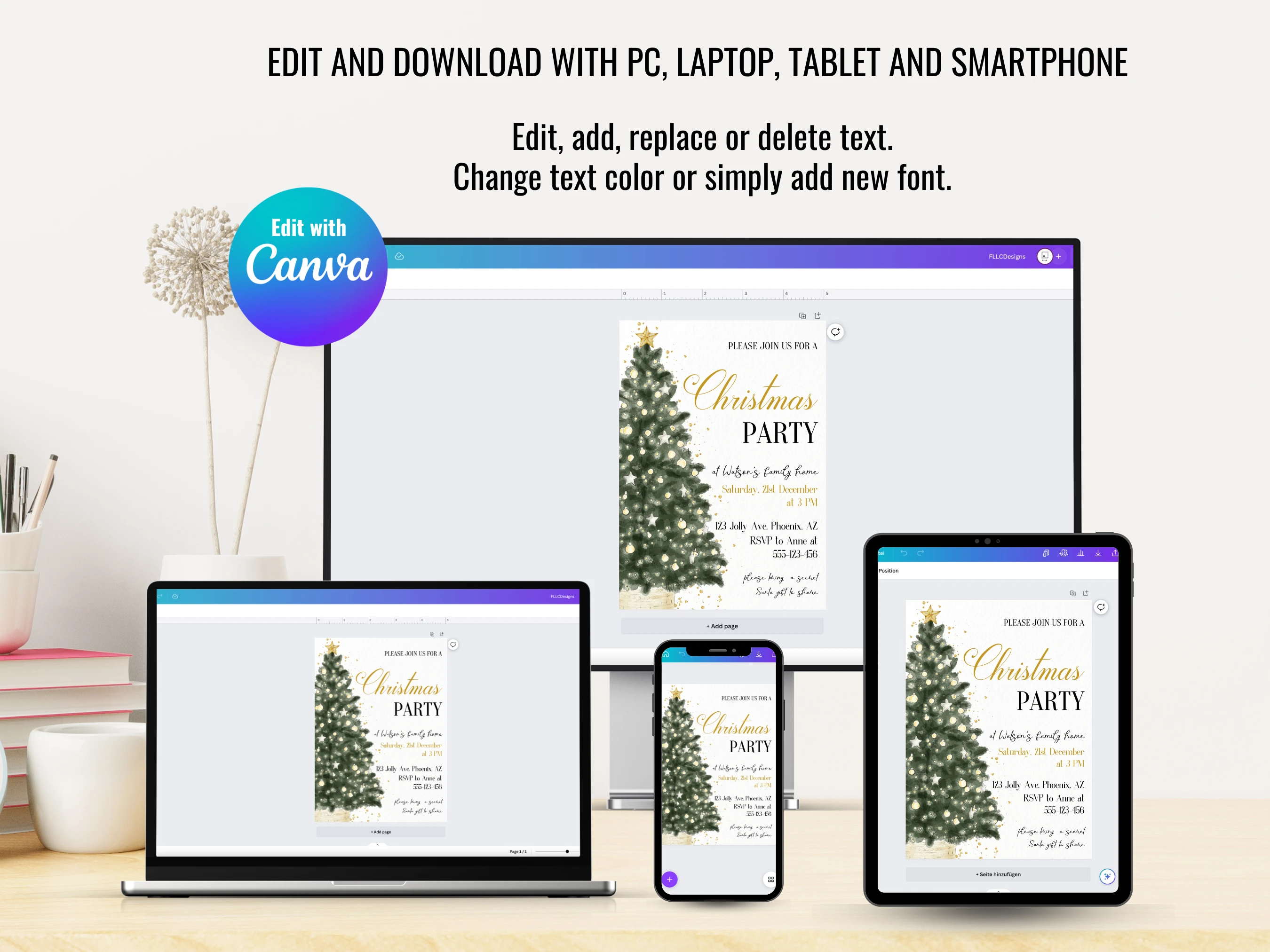 Green & Gold Christmas Tree Mobile Invitation | Holiday Party Evite | Editable Canva Template | Digital Download