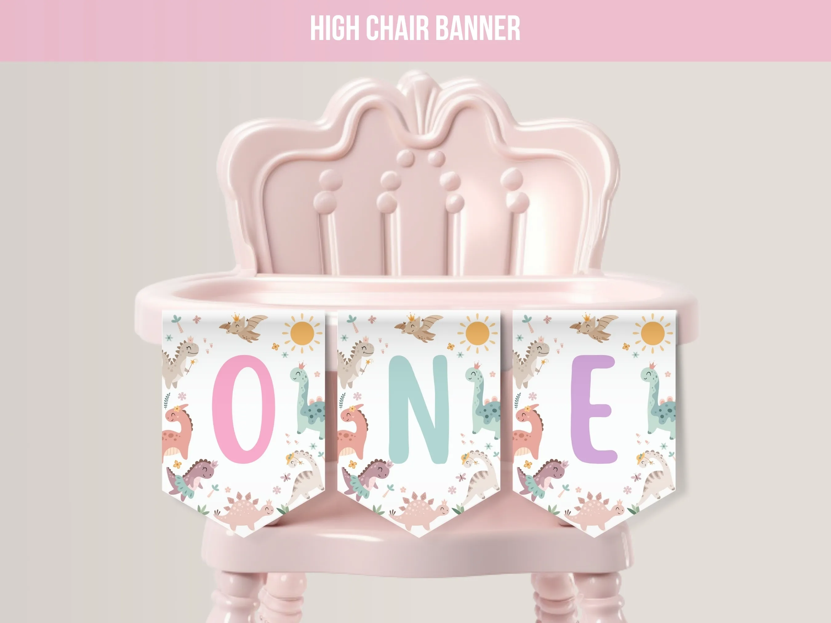 Baby girl dinosaur high chair banner with jurassic dino theme and ONE lettering, editable Canva template digital download by fllcdesigns