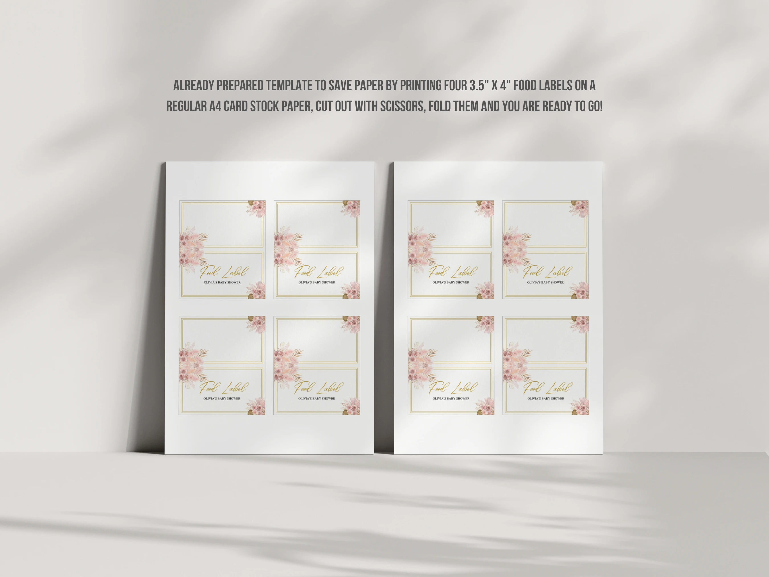 Boho Baby Shower Place Cards | Pampas Grass Rose Gold Seating Cards For Baby Girl | Editable Canva Template | Digital Download