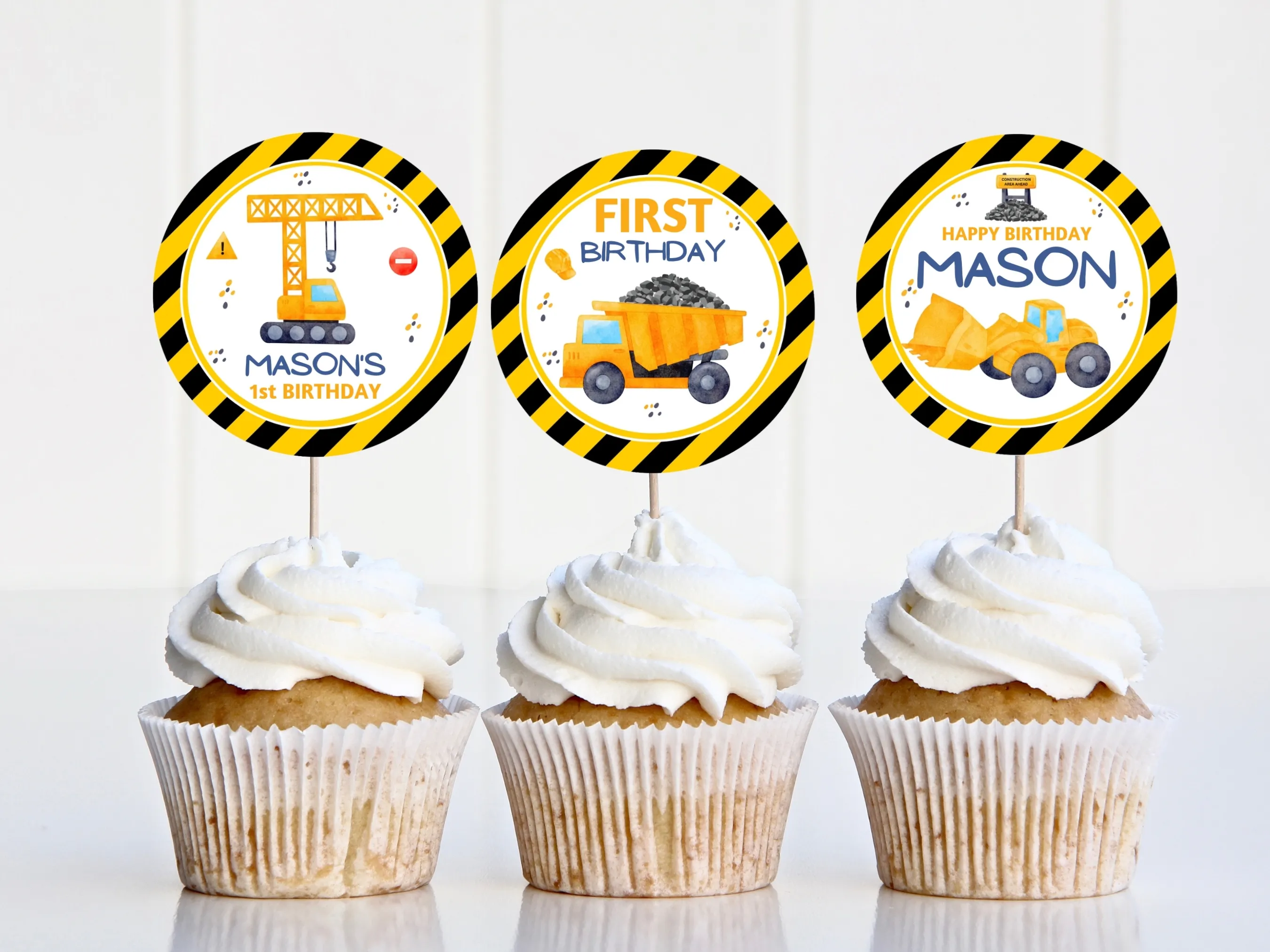 Construction cupcake toppers with excavator and truck designs, including matching “One” cake topper, editable Canva template by fllcdesigns