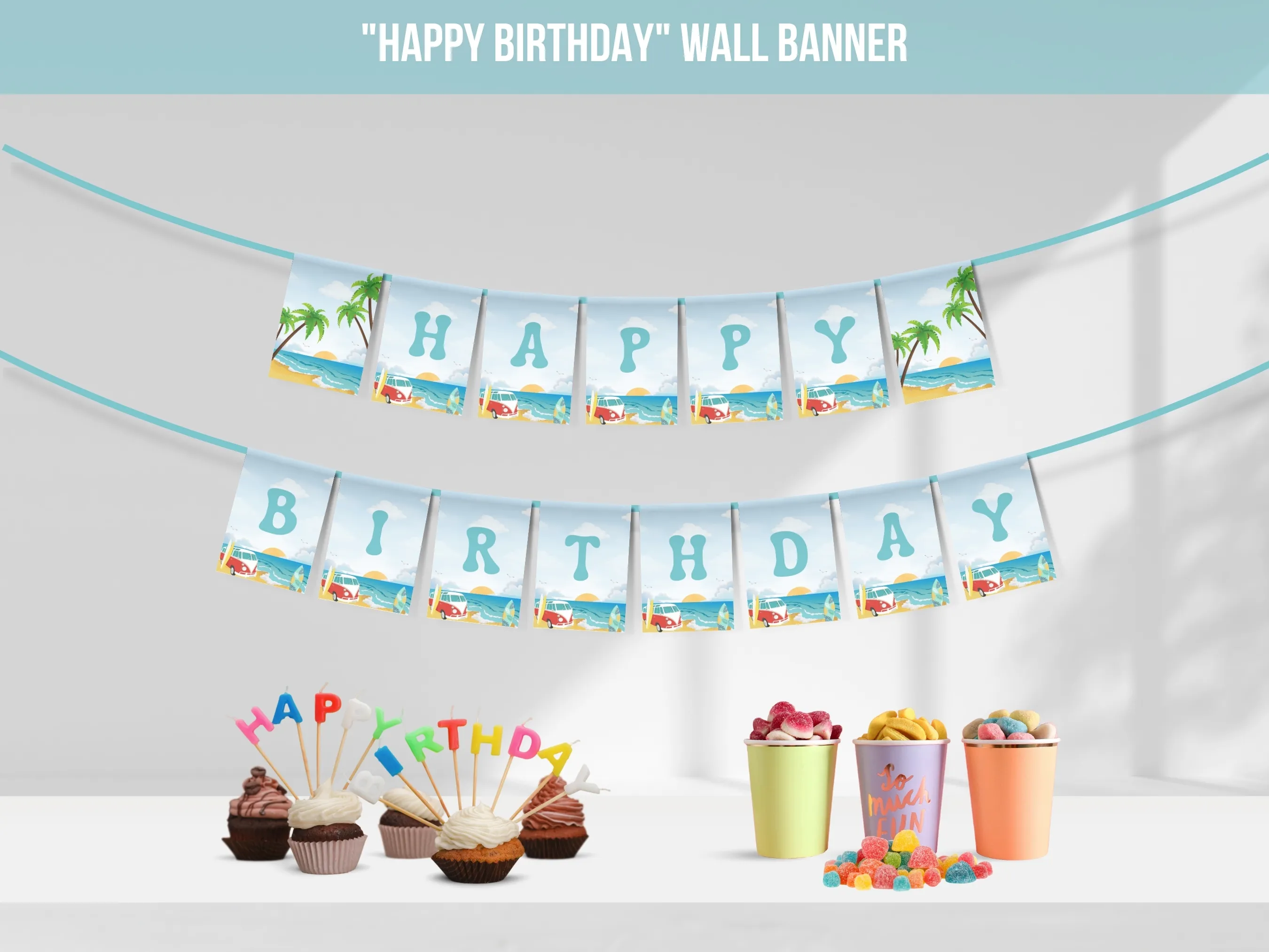The Big One Happy Birthday banner with surf and beach theme, customizable birthday bunting and wall banner, editable Canva template by fllcdesigns