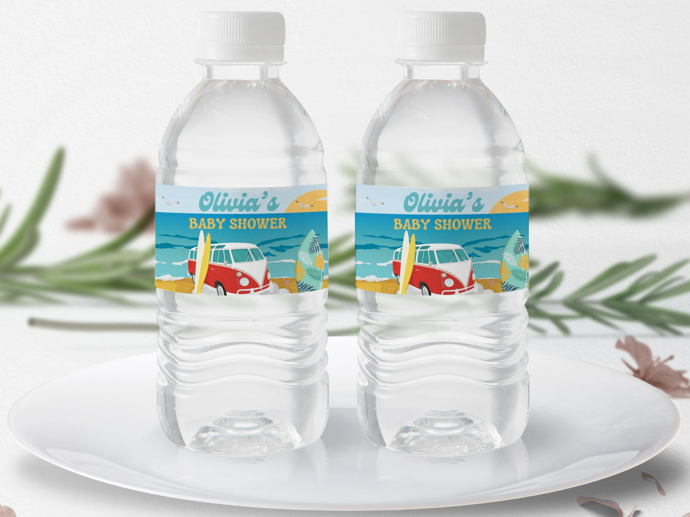 baby on board baby shower bottle label, surf baby shower bottle sticker printable, ocean tropical baby shower drink label, beach baby shower bottle label, editable bottle label Canva