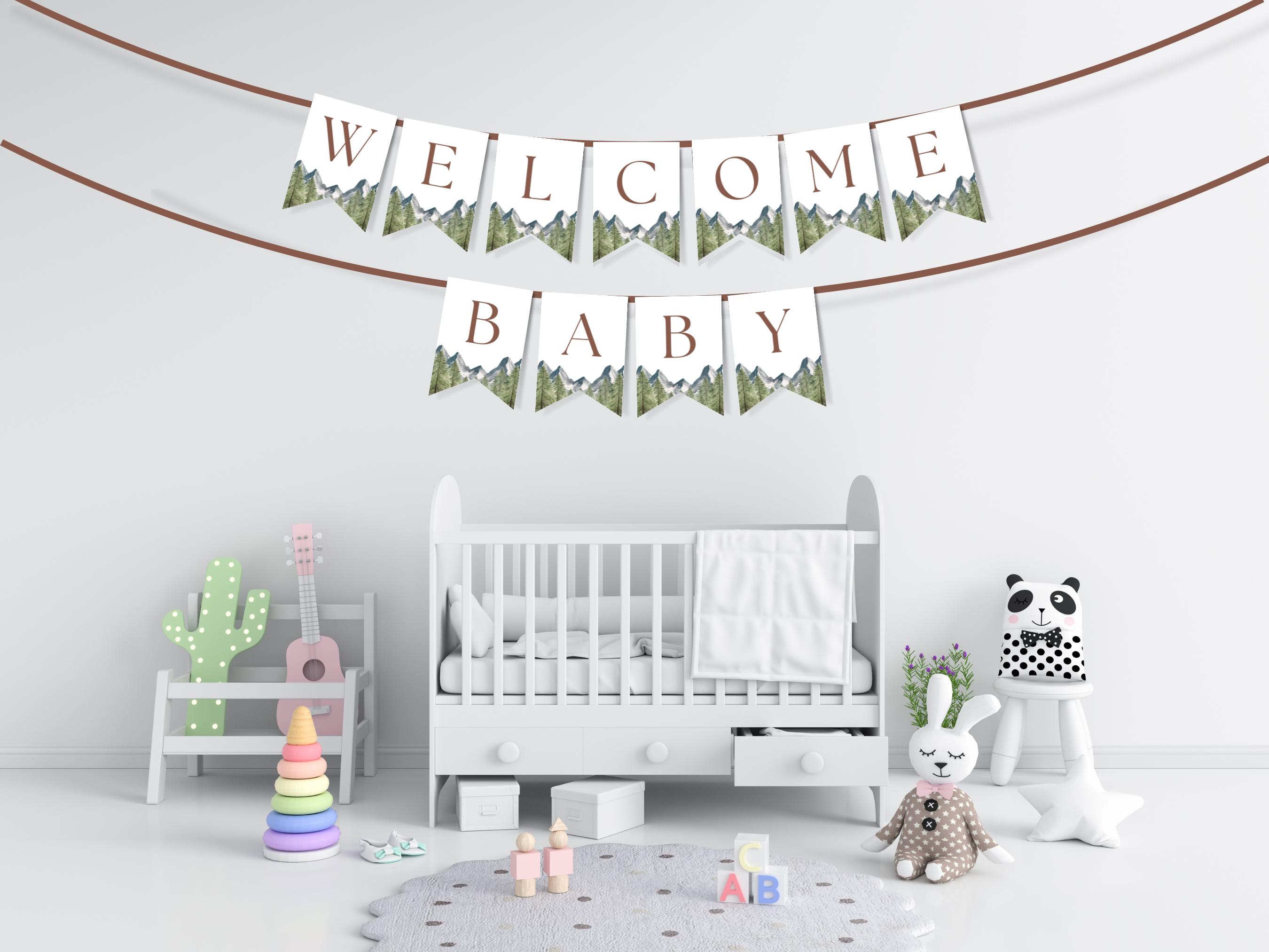 adventure awaits baby shower banner, woodland baby shower banner printable, baby shower bunting decoration, woodland baby shower welcome banner, editable baby shower banner Canva