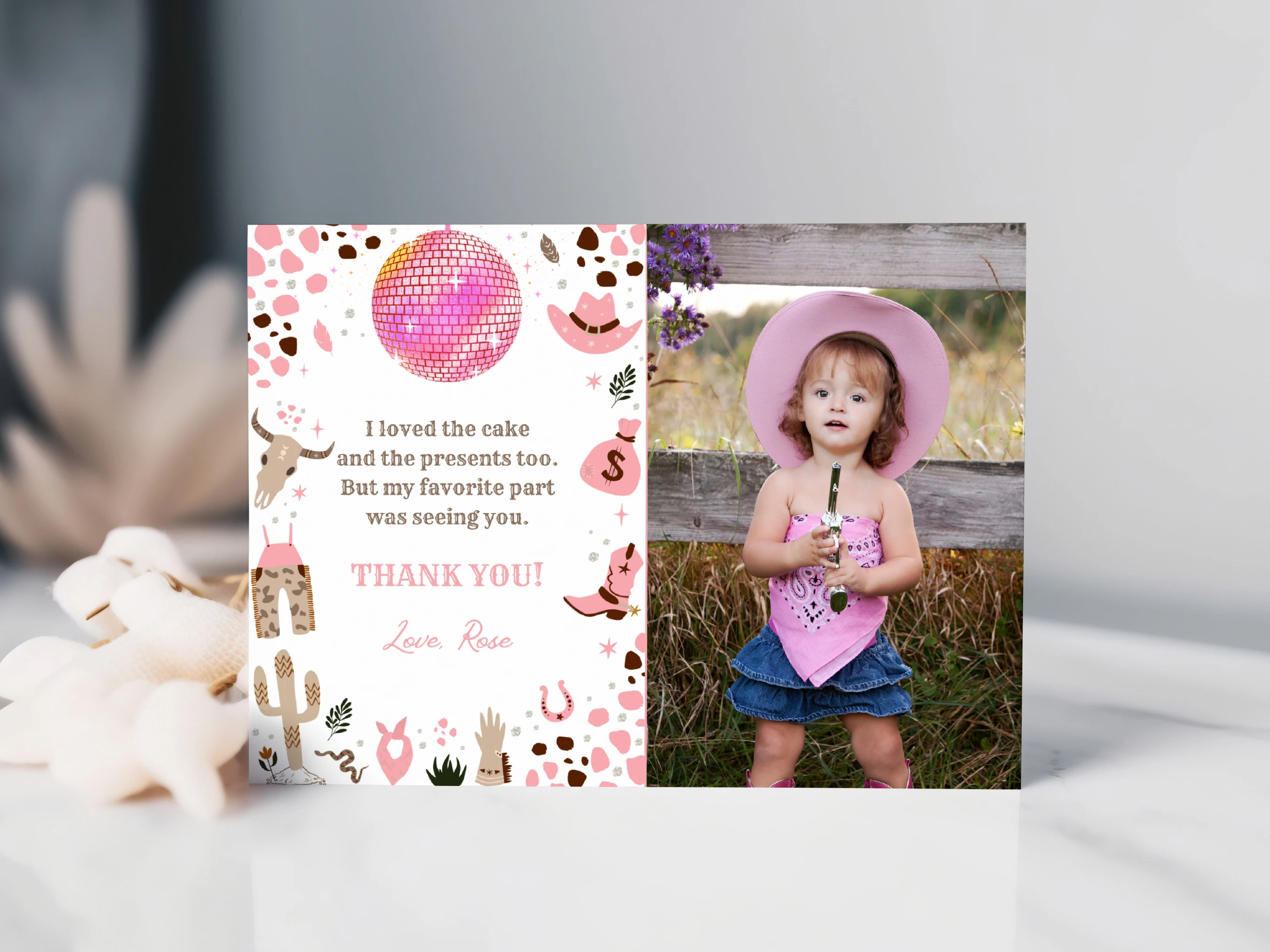 disco cowgirl thank you card, space cowgirl thank you note, birthday thank you card with photo, rodeo birthday thank you note, printable kids thank you card