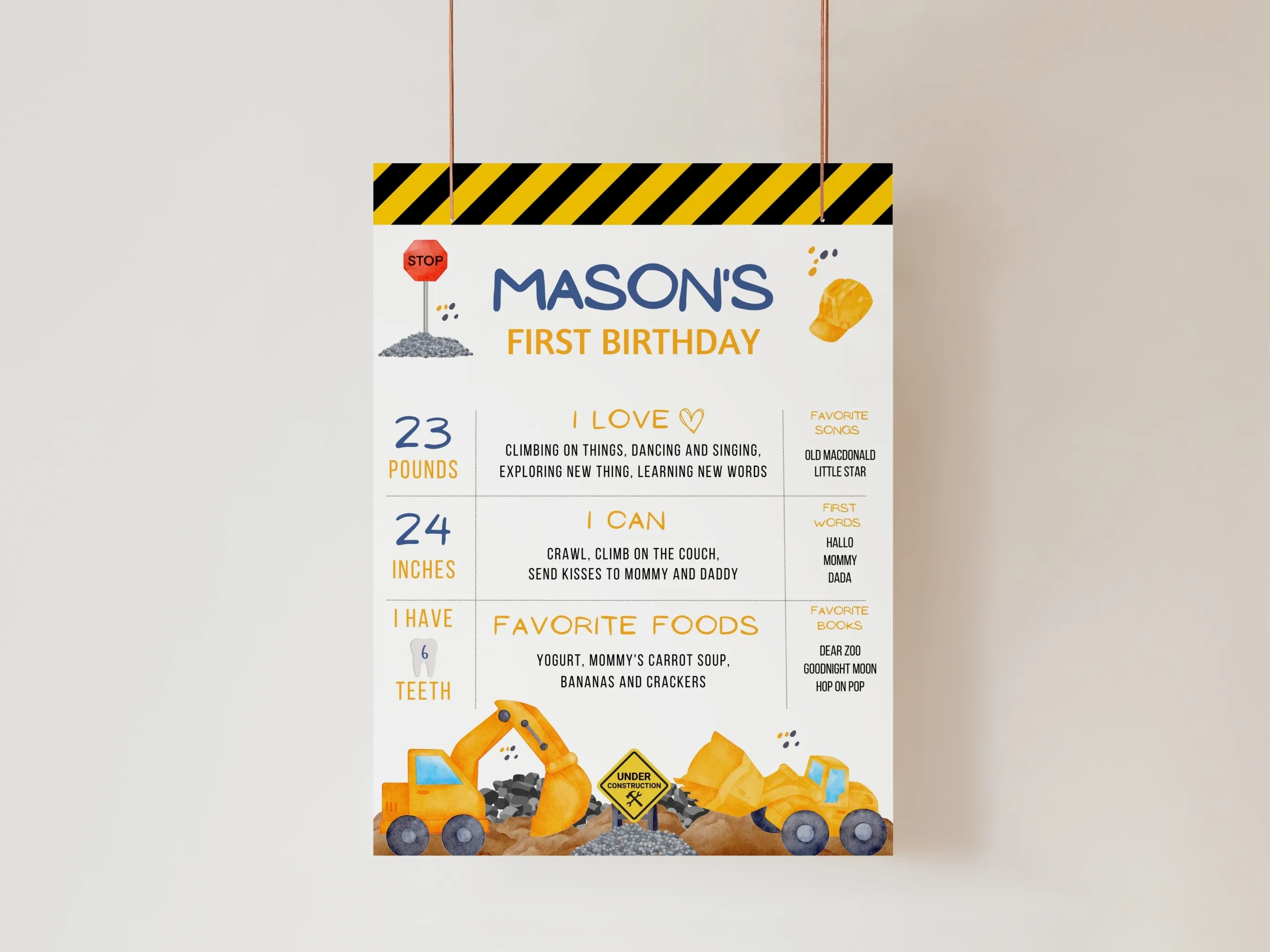 Construction birthday milestone board with excavator and dump truck theme for a first birthday, editable Canva template digital download by fllcdesigns