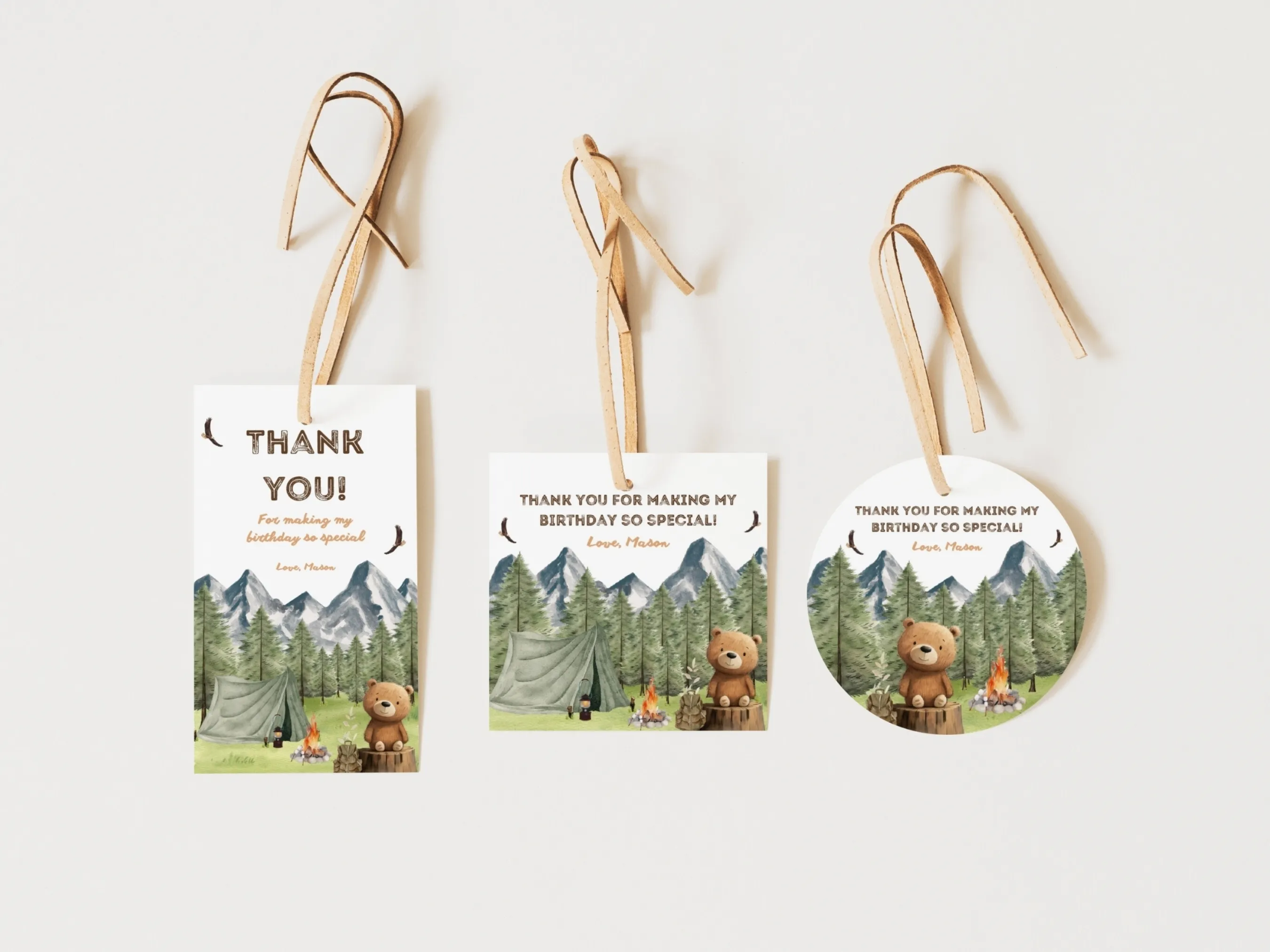 One Happy Camper birthday gift tags with woodland camping theme, tent and trees, editable Canva template by fllcdesigns