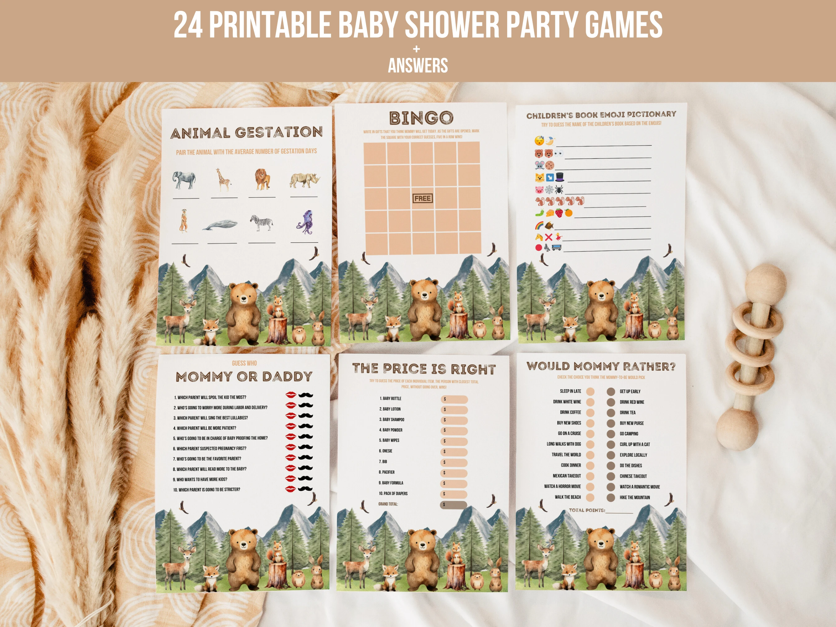 woodland baby shower games bundle, baby shower bingo printable games, adventure awaits bear baby shower games, printable baby shower games pack, editable baby shower games Canva