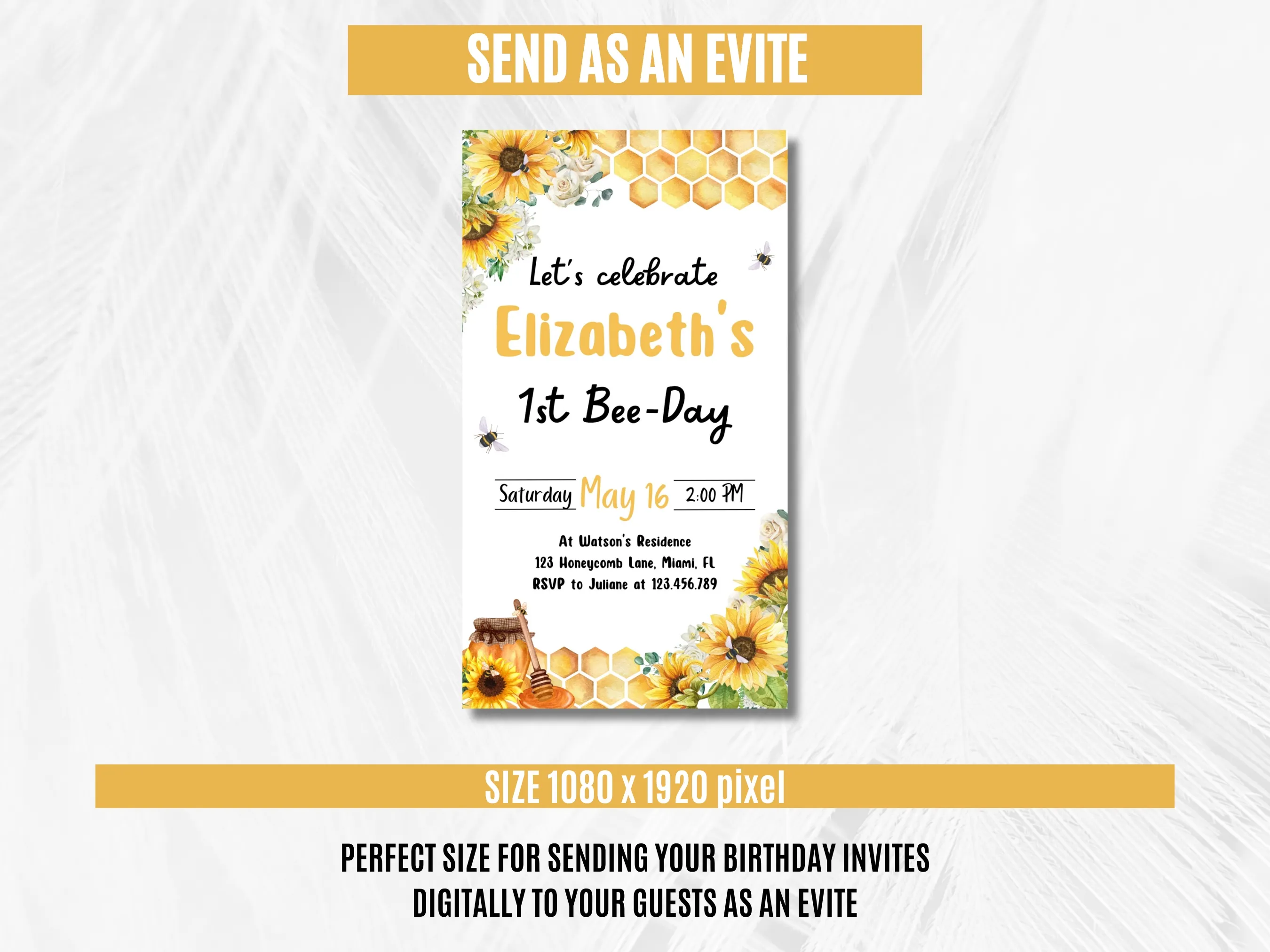 Sunflower Bee 1st Birthday Mobile Invitation | Bumble Bee Evite | Editable Canva Template | Digital Download