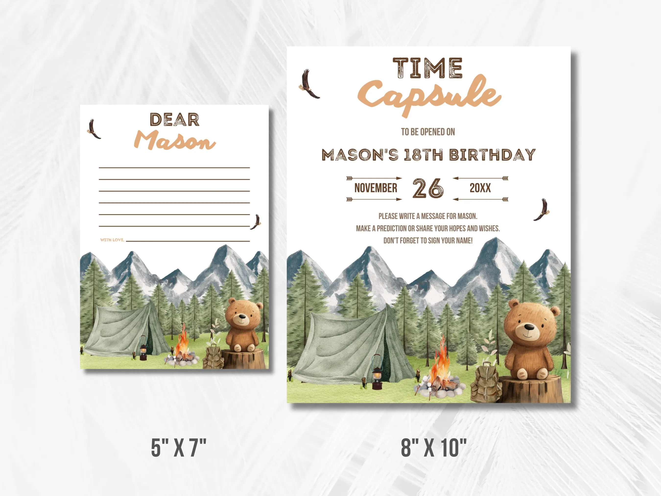 One Happy Camper Birthday Time Capsule Sign & Wishes Card | Woodland Bear 1st Birthday Guest Book | Editable Canva Template | Digital Download