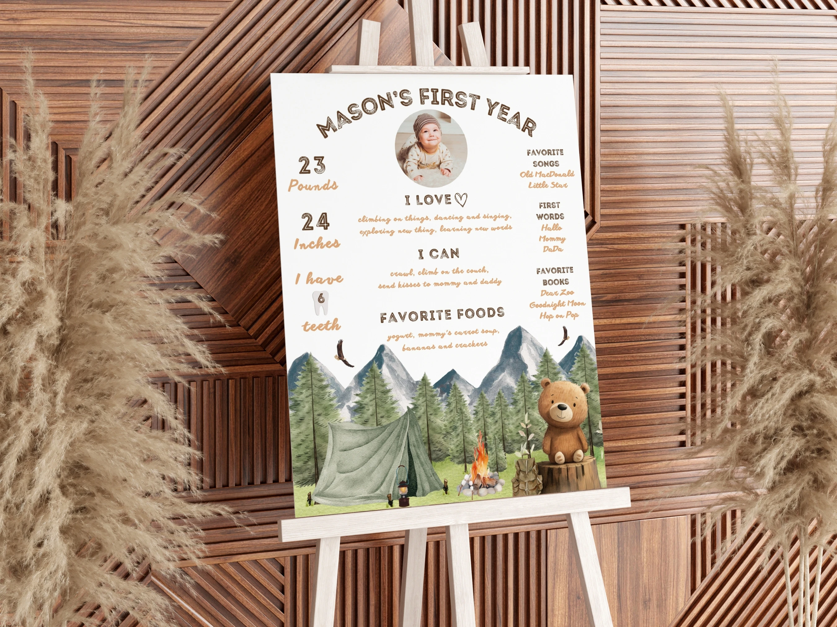 One Happy Camper Milestone Board | Woodland Milestone Poster | Brown Bear Baby Milestone Sign | 1st Birthday Party | Editable Canva Template | Digital Download