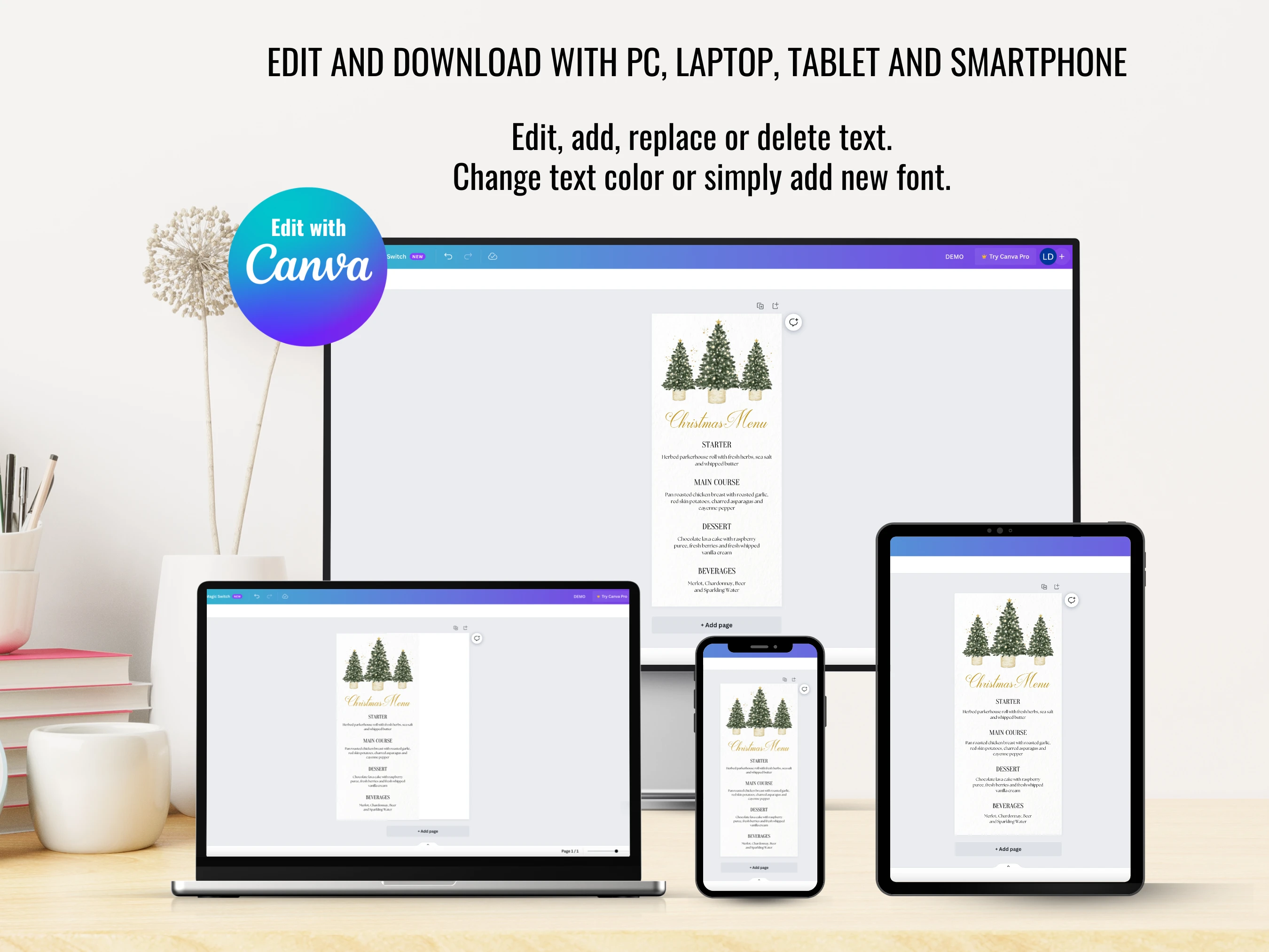 Green & Gold Christmas Tree Dinner Menu | 4x9 Holiday Table Card | Editable Canva Template | Digital Download