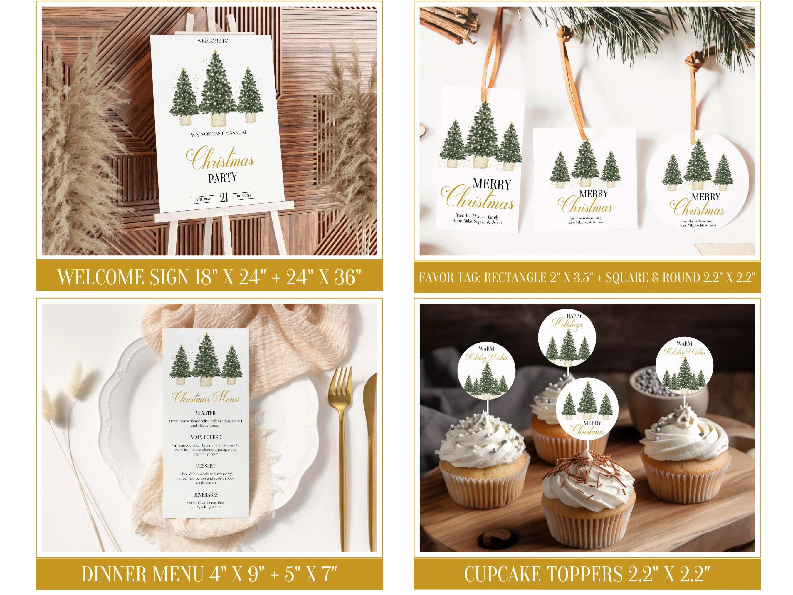 Elegant Christmas Tree Party Bundle | Gold Holiday Dinner Invitation Kit | Editable Canva Template | Digital Download
