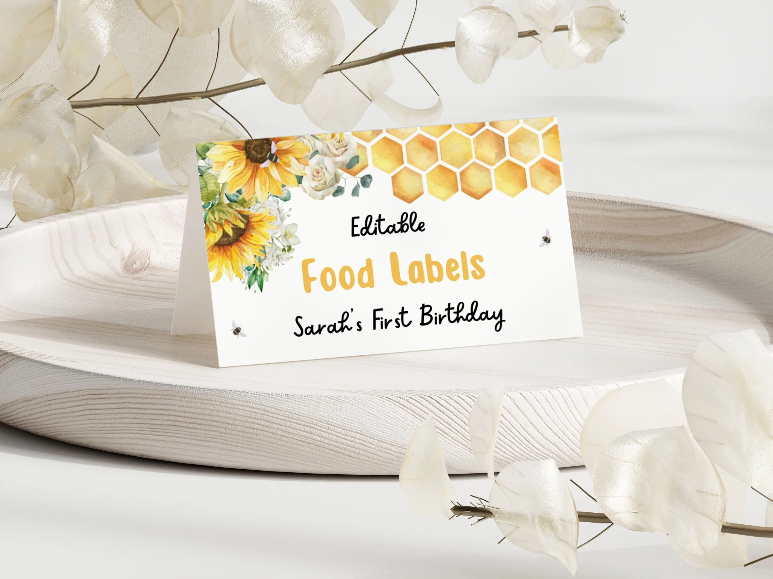 Sunflower First Bee Day food tent cards with bumble bee design, editable name tags and table labels by fllcdesigns