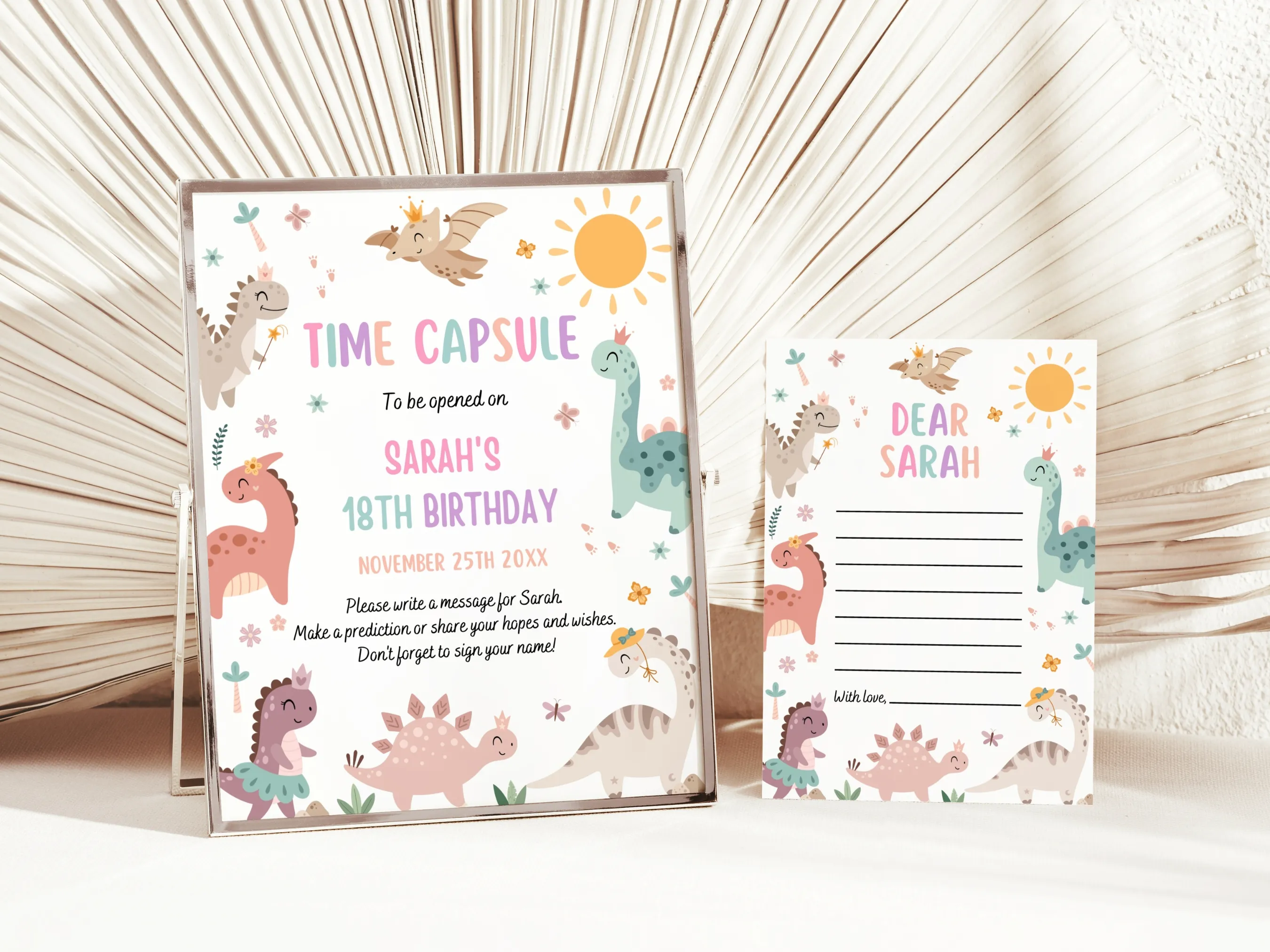 Pink baby dinosaur birthday time capsule sign and wishes card for a girl dino 1st birthday, editable Canva guest book, digital download.”