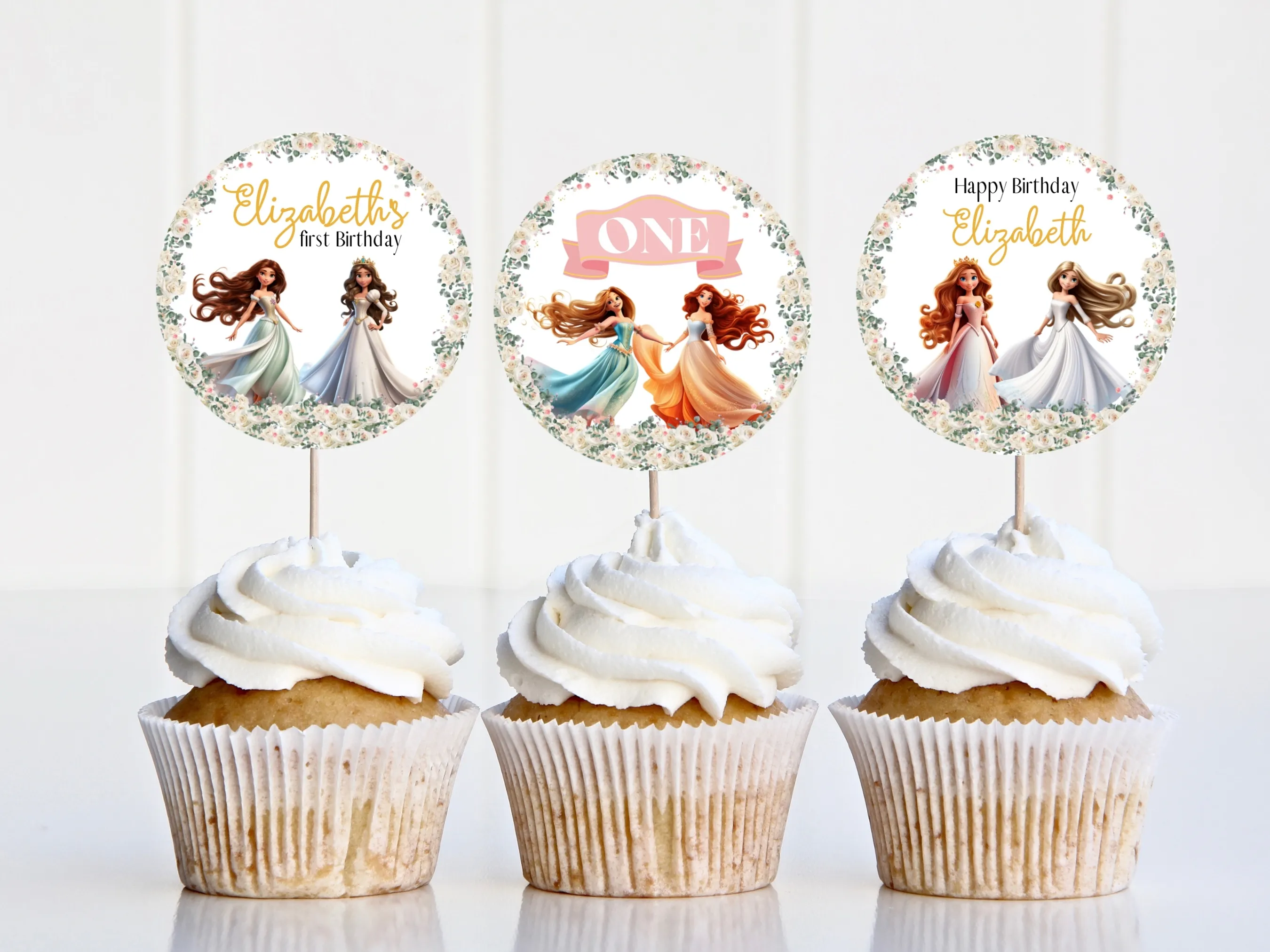Princess cupcake toppers with royal theme and matching princess cake topper for birthday parties, editable Canva template by fllcdesigns
