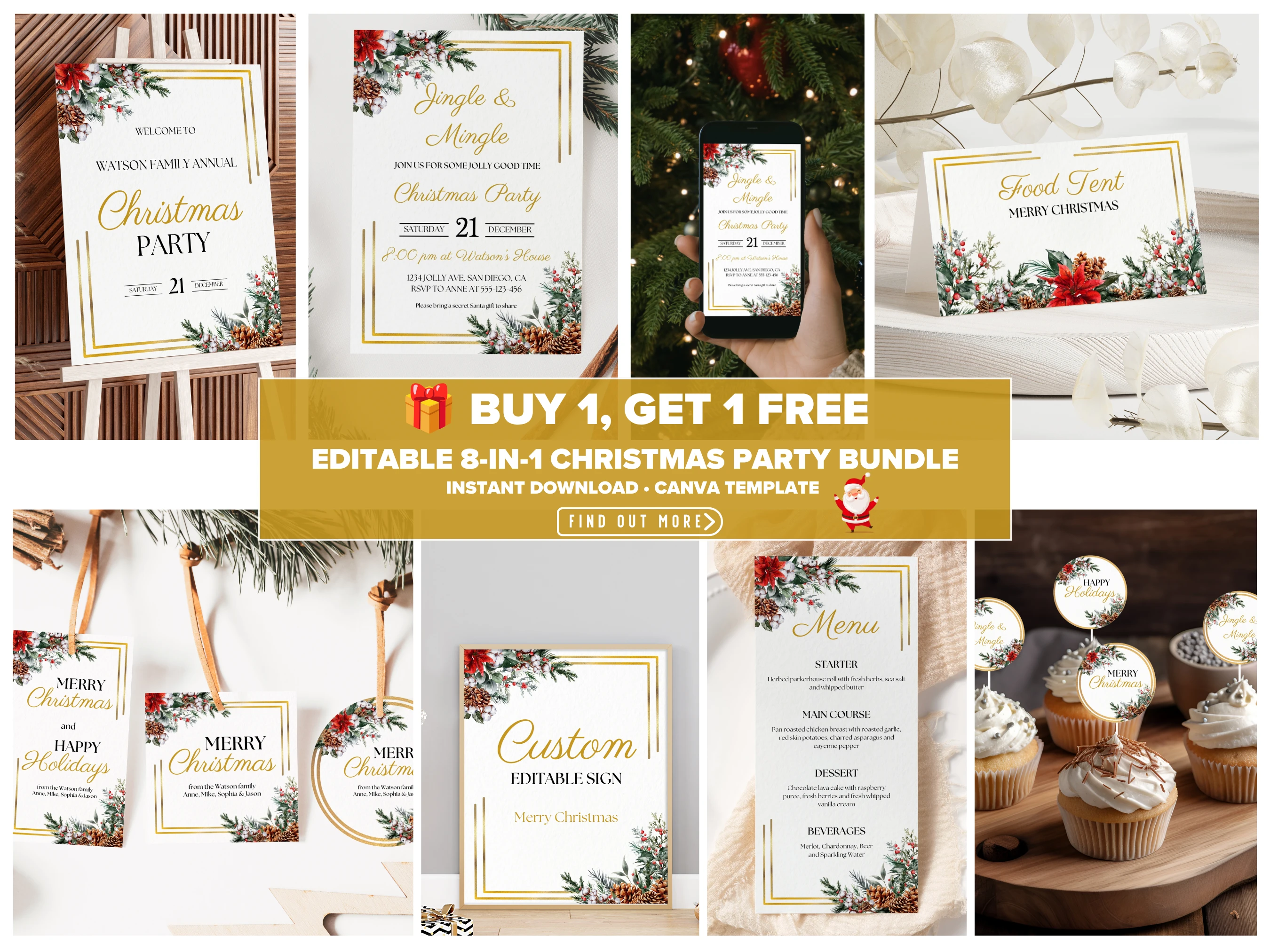 Golden frame and Christmas greenery dinner party bundle with editable festive holiday table decor templates
