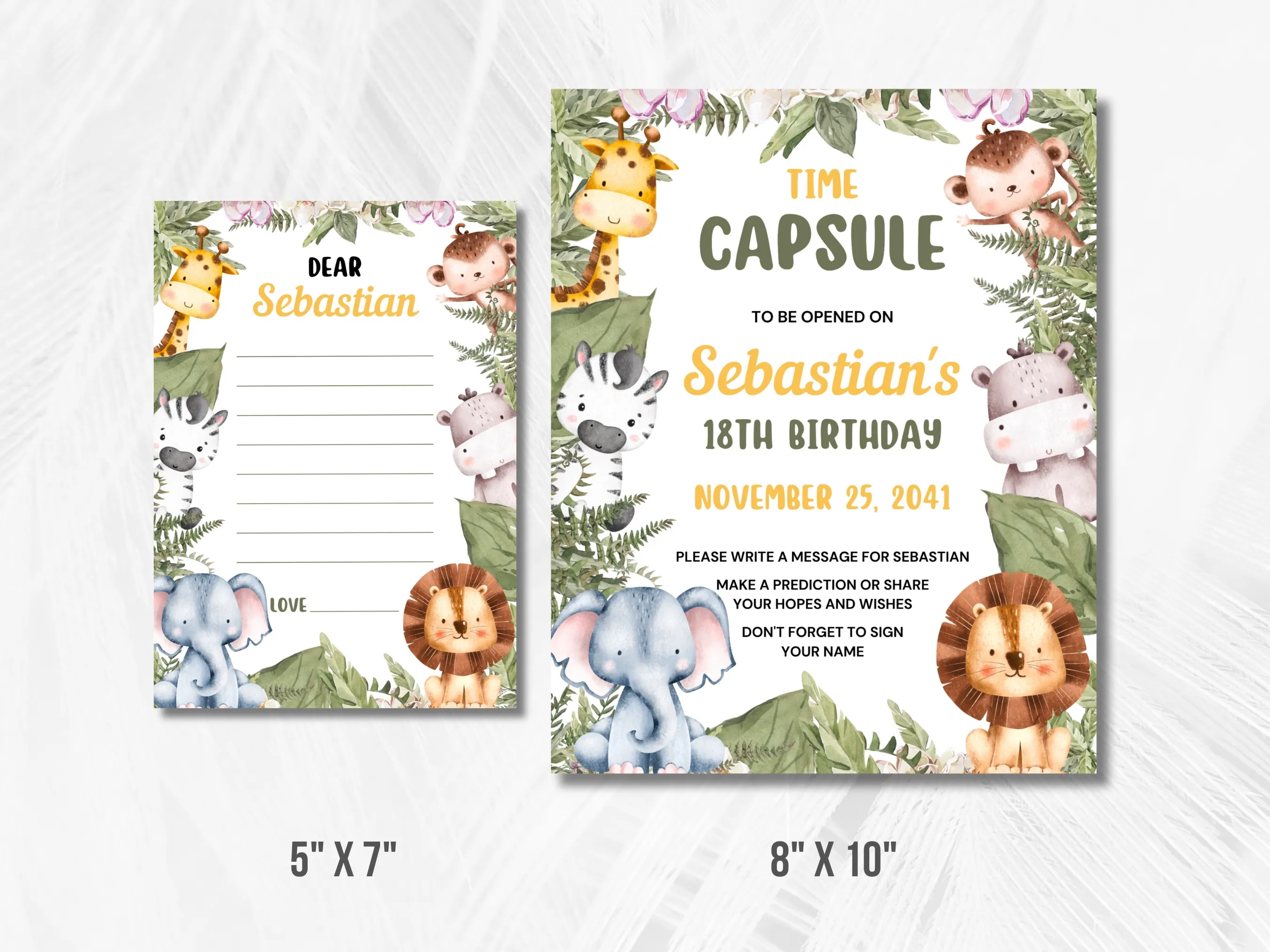 Wild One Birthday Time Capsule Sign & Wishes Card | Safari Animals Birthday Guest Book | Editable Canva Template | Digital Download