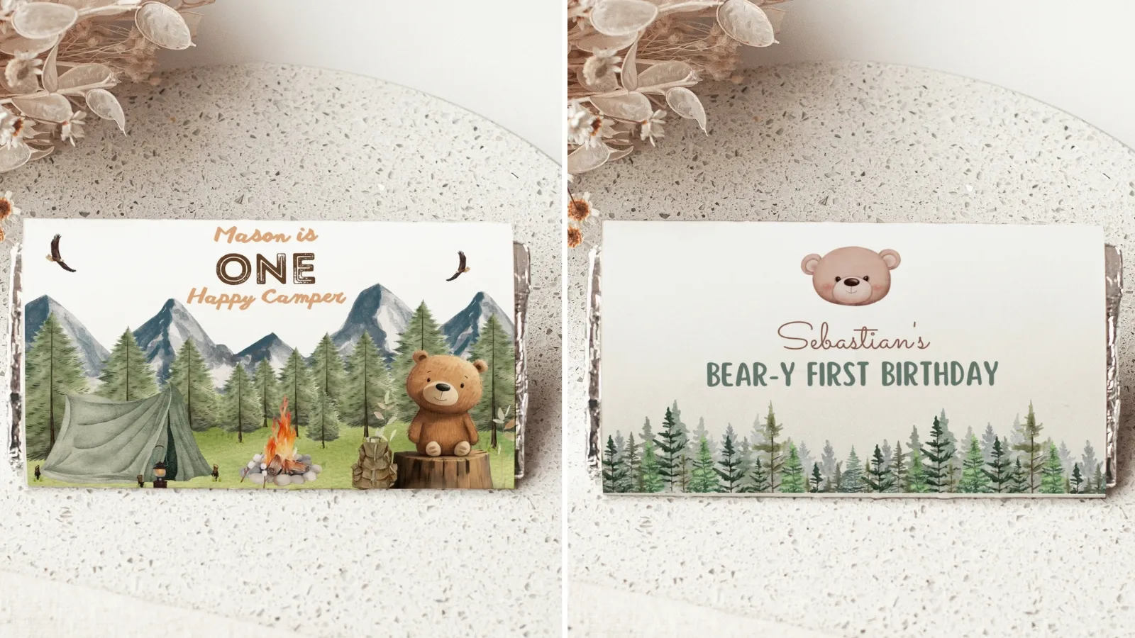 Printable candy bar wrappers for boys’ and girls’ birthday parties in cute themed designs.