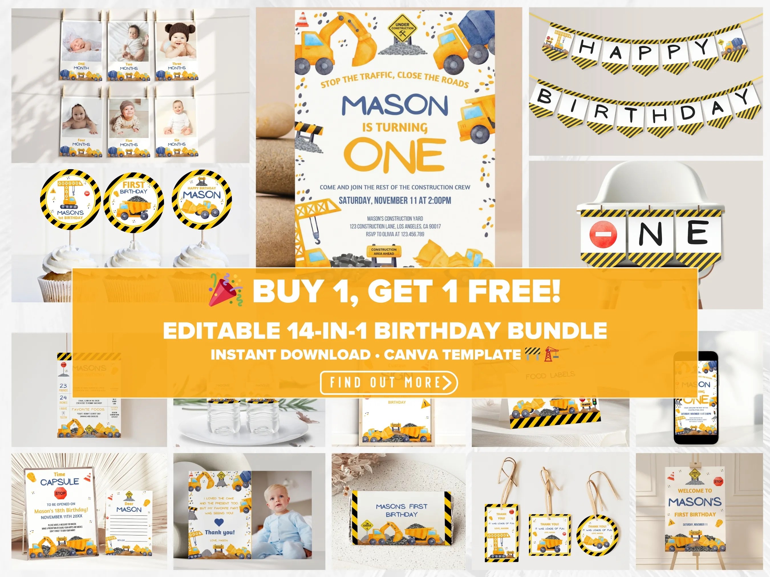 Construction first birthday party bundle — excavator and truck theme editable Canva templates for invitations, signs & party decorations (digital download)