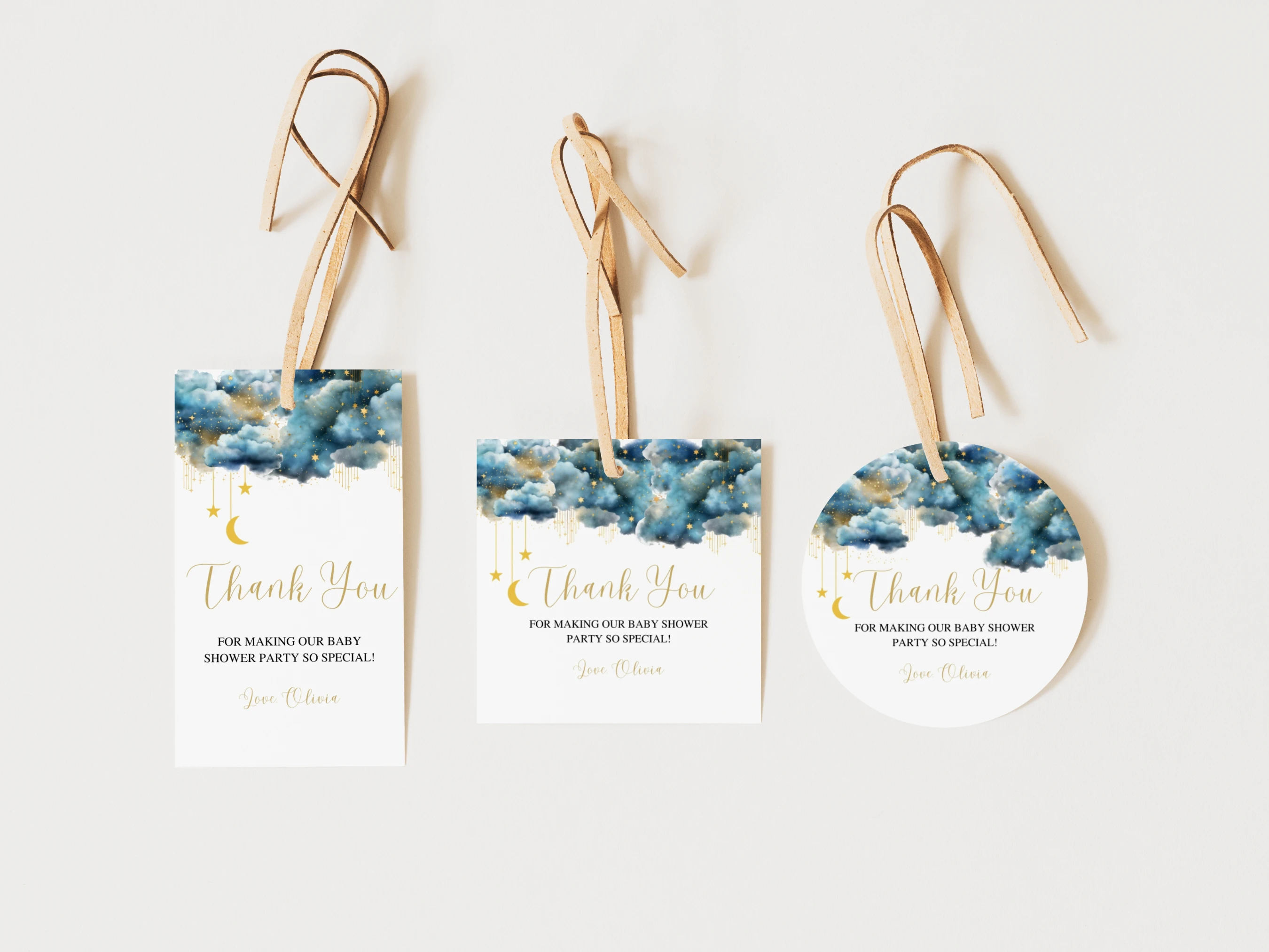 twinkle little star baby shower thank you tags moon stars blue gold favors canva template digital download, moon and stars baby shower favor tags blue gold decorations canva template
