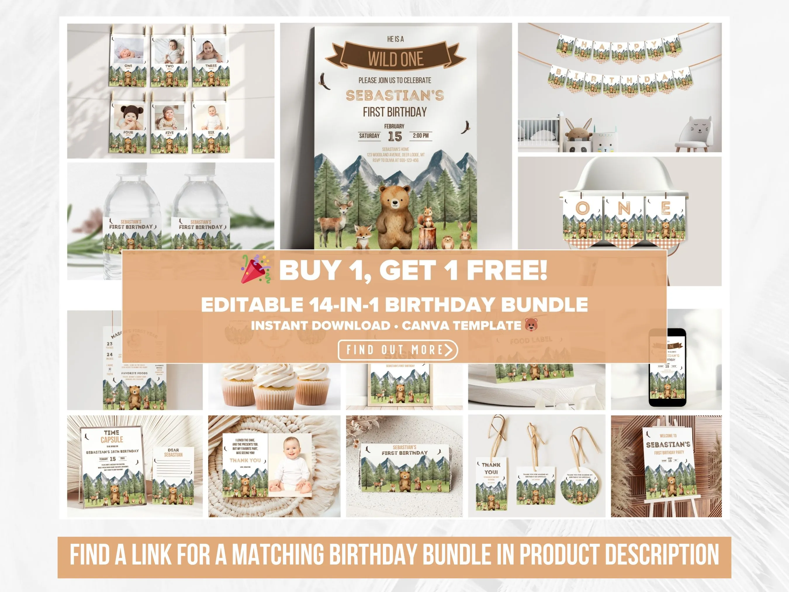 Woodland Animals Birthday Mobile Invitation | Wild One Forest Animals Evite | Editable Canva Template | Digital Download