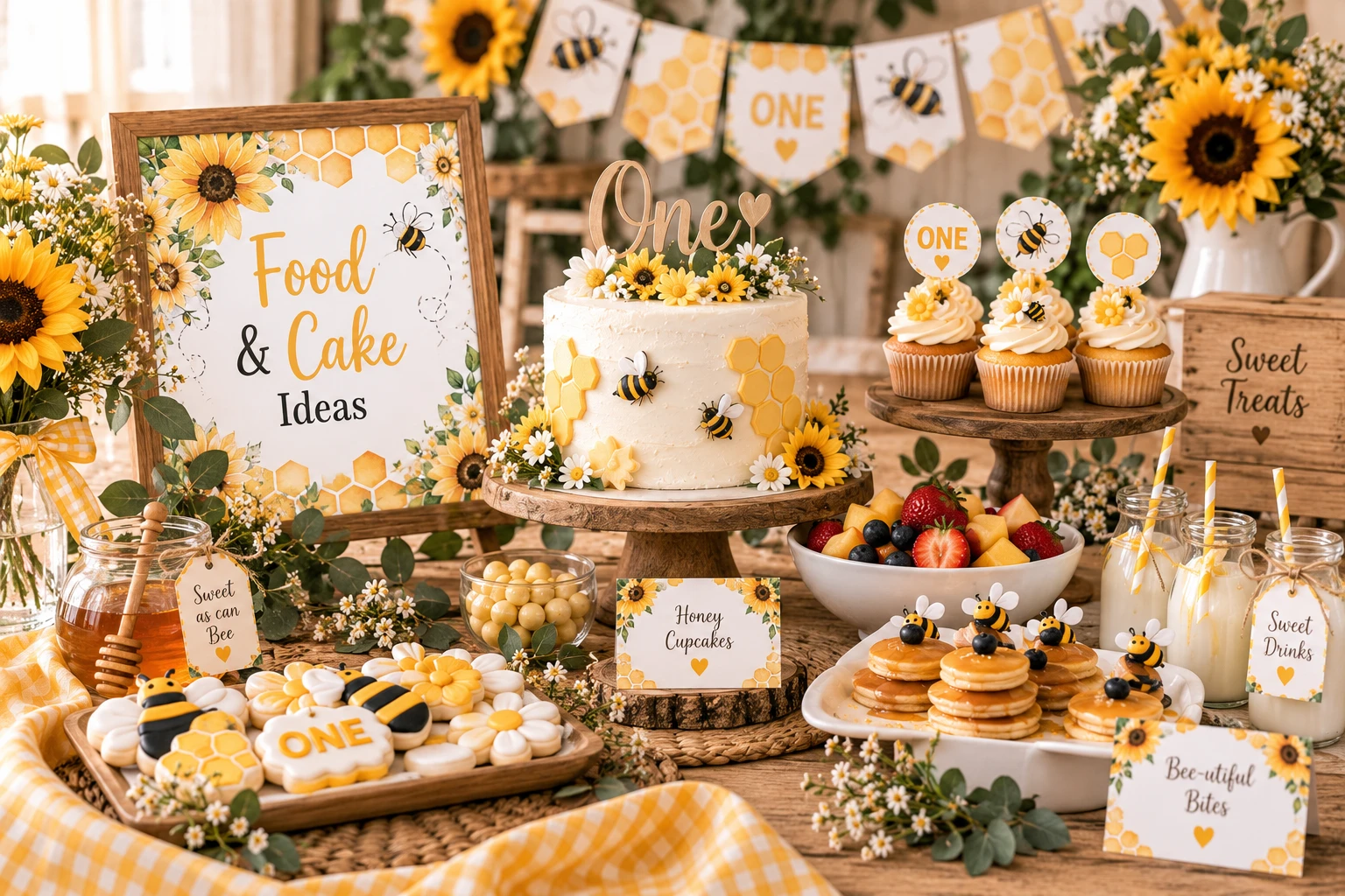 Sunflower and bee first birthday food and cake table with themed cake, cupcakes, cookies, fruit, drinks and party food