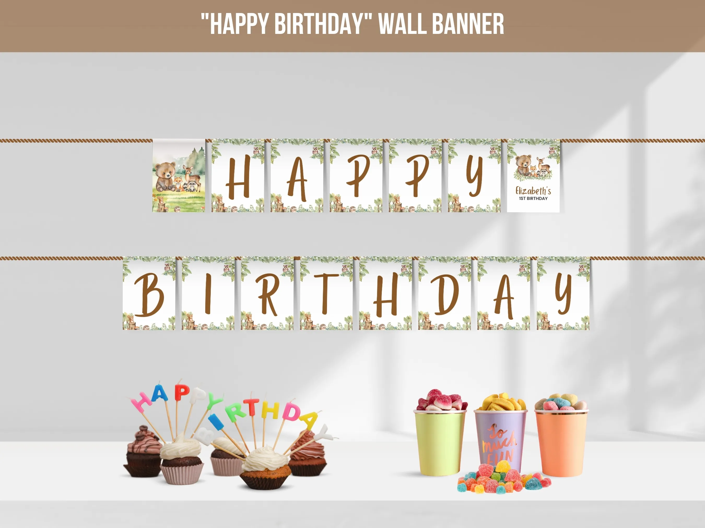 Woodland Happy Birthday banner with forest animal theme, customizable woodland birthday bunting and wall banner, editable Canva template by fllcdesigns