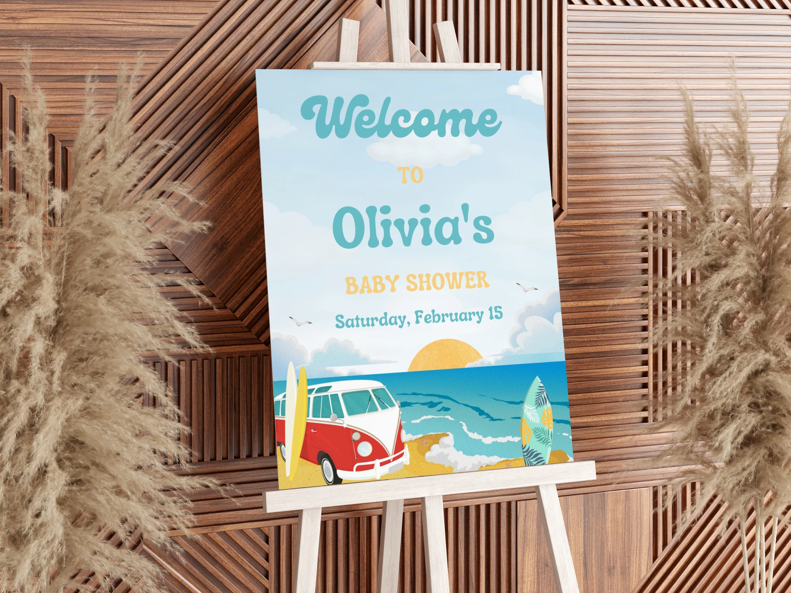 Baby On Board Baby Shower Welcome Sign | Surf Ocean Tropical Beach Welcome Board | Editable Canva Template | Digital Download