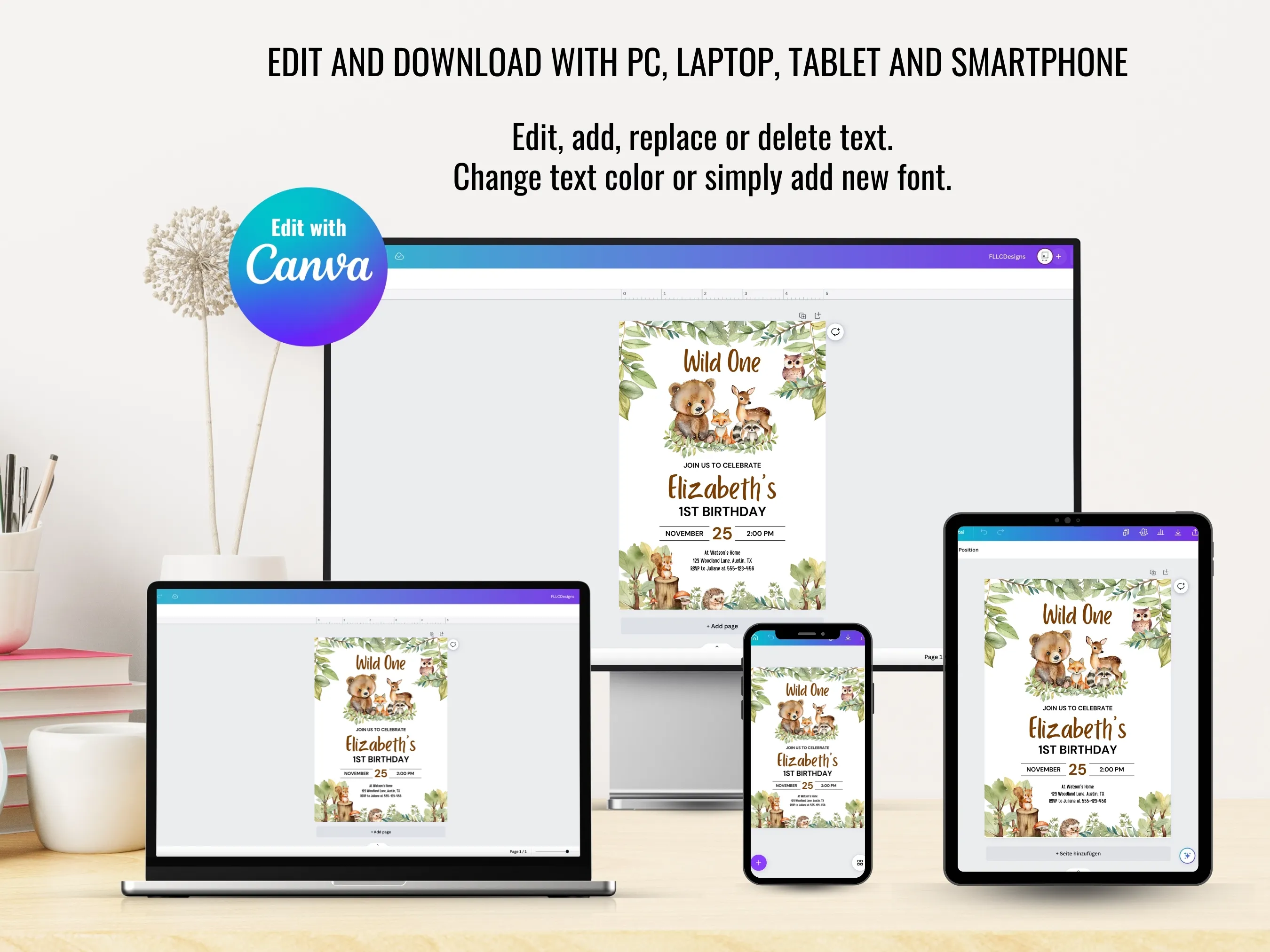 Woodland First Birthday Bundle | Wild One Birthday | Editable Canva Template | Digital Download