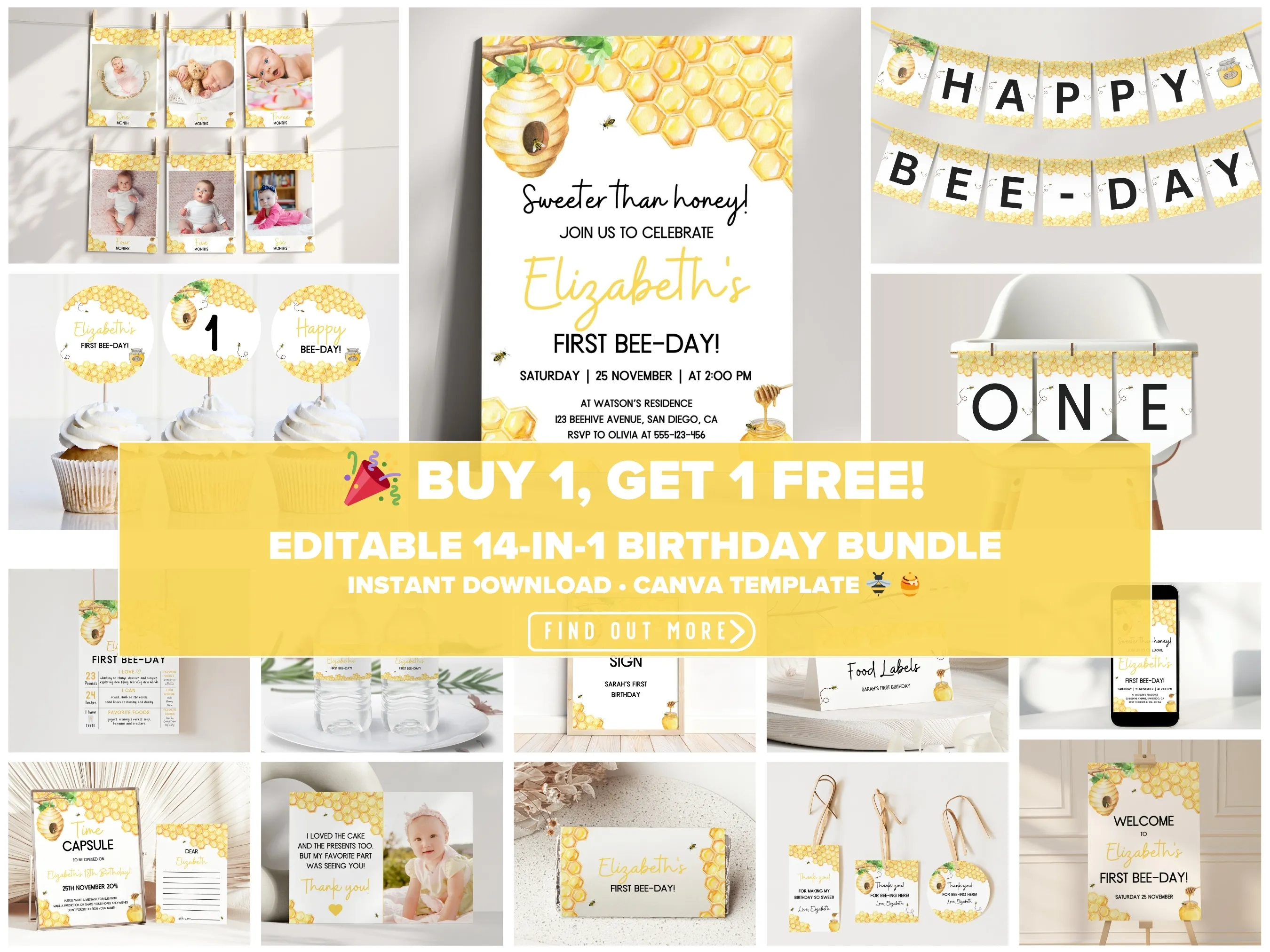 Honey Bee first birthday party bundle — cute bumble bee theme editable Canva templates for invitations, signs & decorations (digital download)
