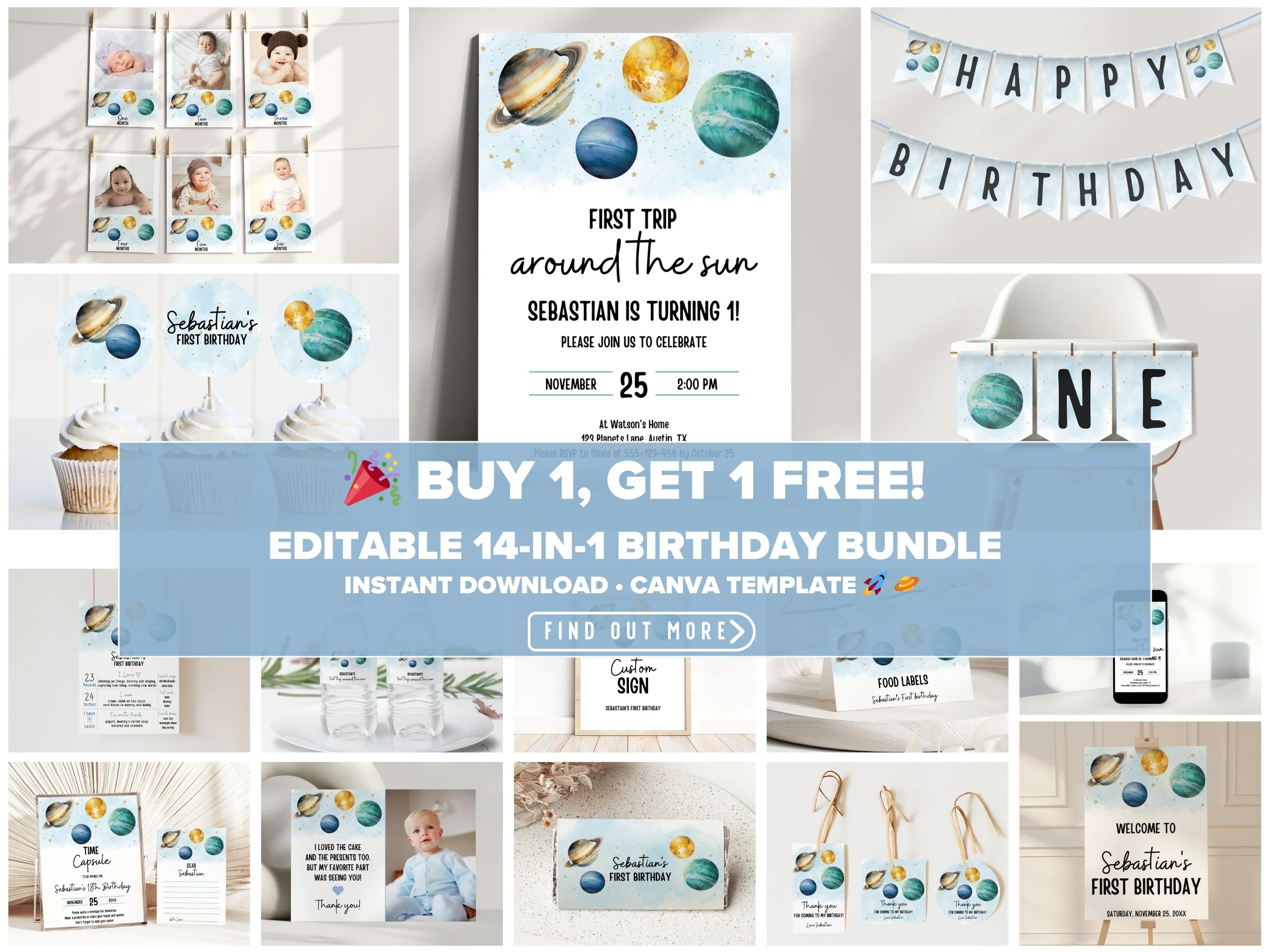 First Trip Around the Sun birthday party bundle — space theme editable Canva templates for invitations, signs & decorations (digital download)