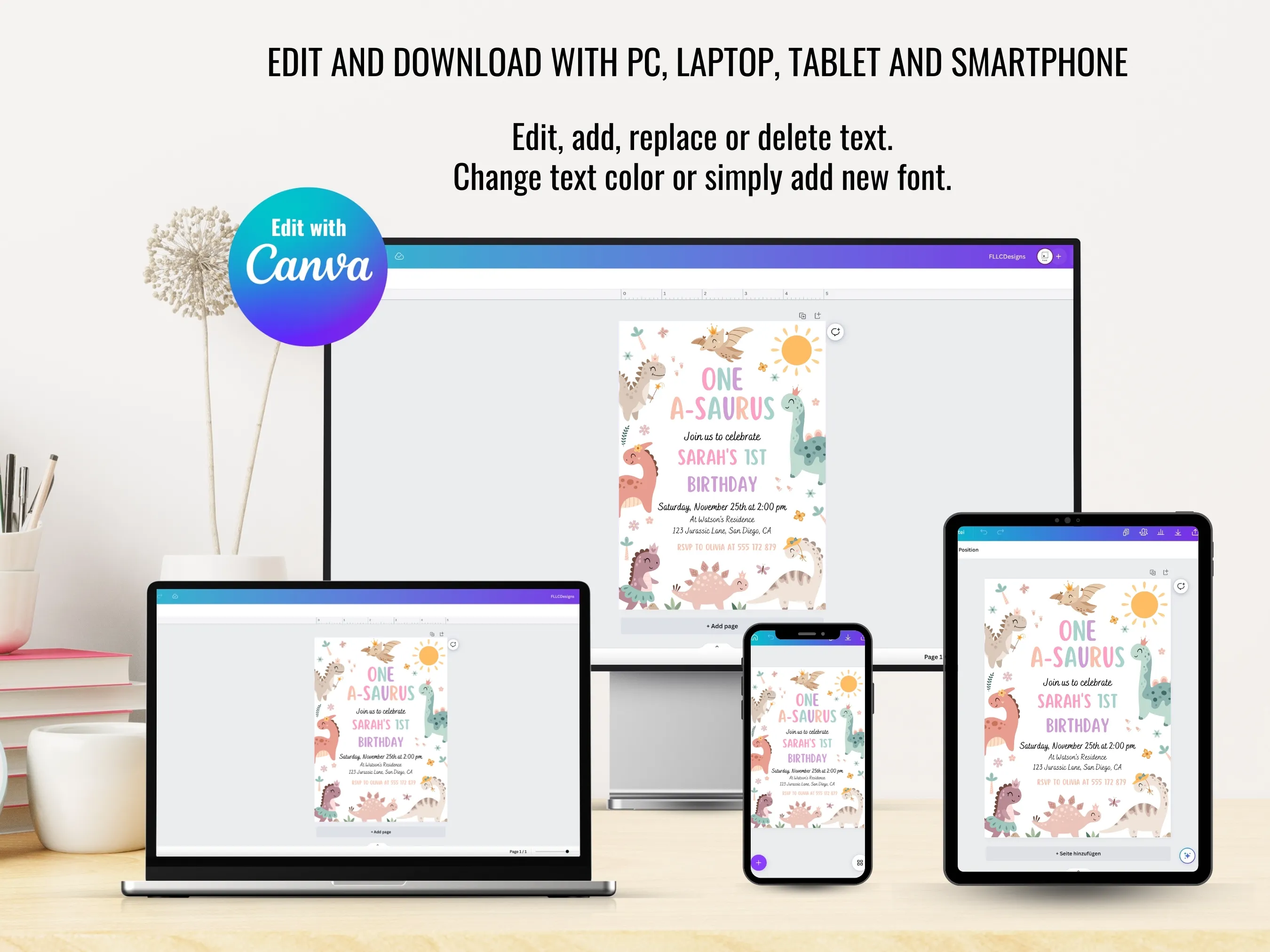 Girl Dinosaur Birthday Party Bundle | Pink Dinosaur 1st Birthday | Editable Canva Template | Digital Download